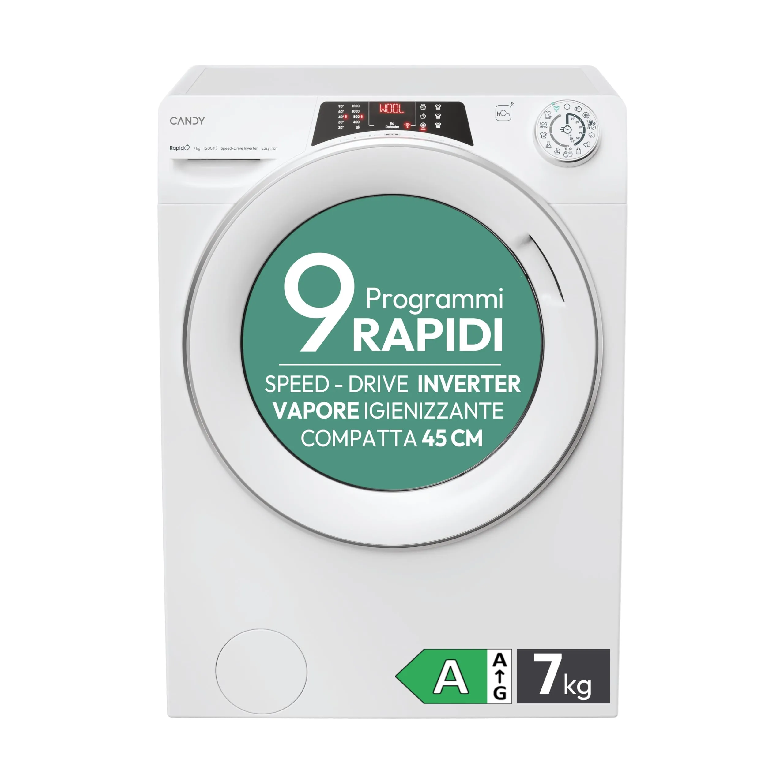 Candy RapidÓ Lavatrice Slim 7 Kg, Libera Installazione, Carica Frontale, Classe A, 1200 Giri, 9 Programmi Rapidi, Funzione Vapore, Wi-Fi + BLE e App hOn, 60 x 45 x 85 cm, Bianca - RO4 1274DWMT/1-S