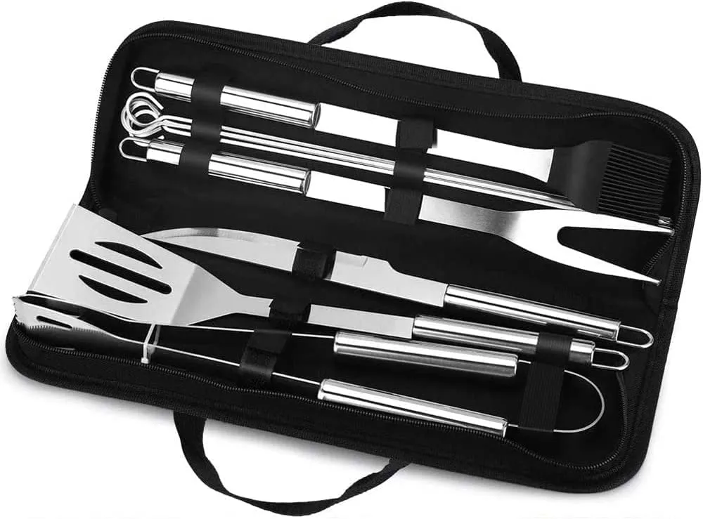 Utensili Barbecue Kit 9PCS, Set di Attrezzi per Barbecue, Posate Barbecue Grill Set di Attrezzi Barbecue Griglia di Cottura in Acciaio Inox con Pinza, Paletta, Spazzola per Grill, Spiedini, Forchetta