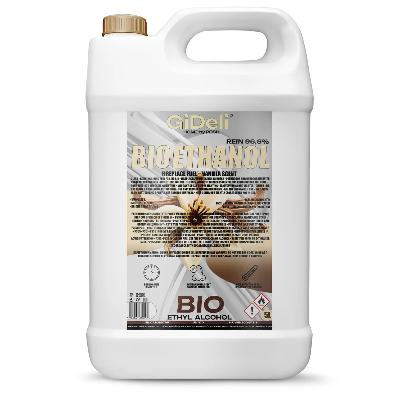 GiDeli Bioetanolo 5 l profumo di vaniglia 96,6% etanolo per camini interni ed esterni, senza fumo e fuliggine, da mais e barbabietola da zucchero