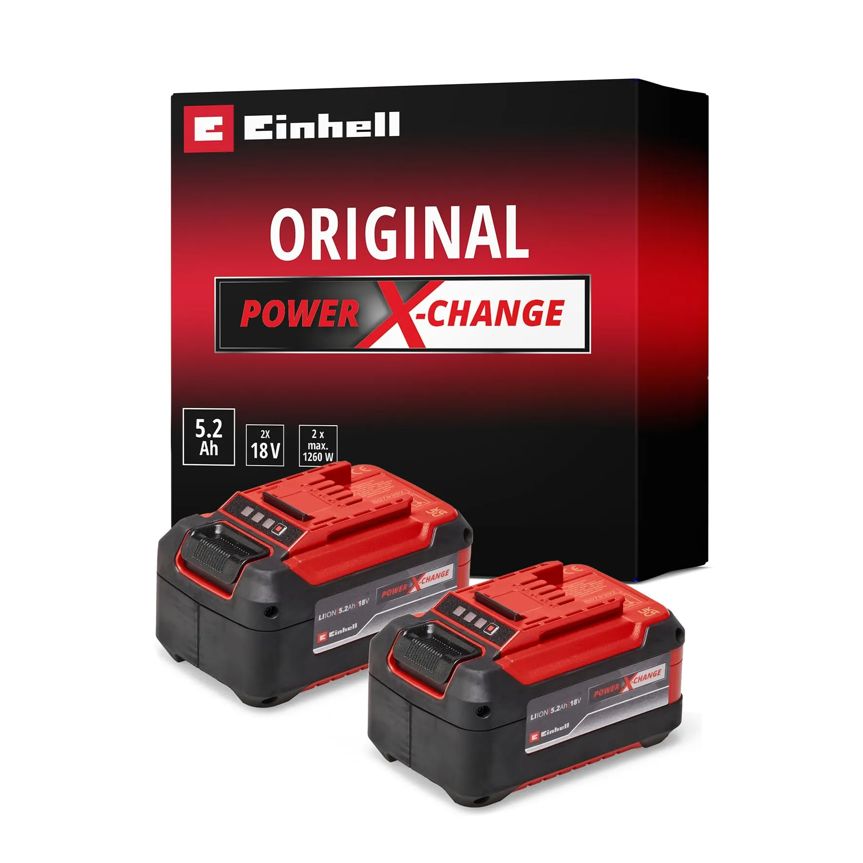 Originale Einhell 2x 18V 5,2Ah PXC-Twinpack due batterie da 5,2 Ah Power X-Change (18 V, 5200 mAh, 1260 W, incl. Due batterie da 5,2 Ah, senza caricabatteria)