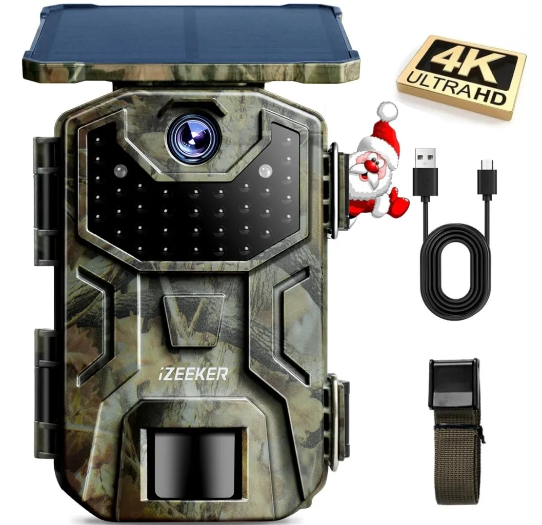 iZEEKER Fototrappola Solare 4K 30fps 48MP, Fototrappola Infrarossi con LED 850nm Batteria da 2600 mAh Impermeabile IP66, Senza Wi-Fi, Schermo LCD da 2,0" per la Sorveglianza della Fauna Selvatica