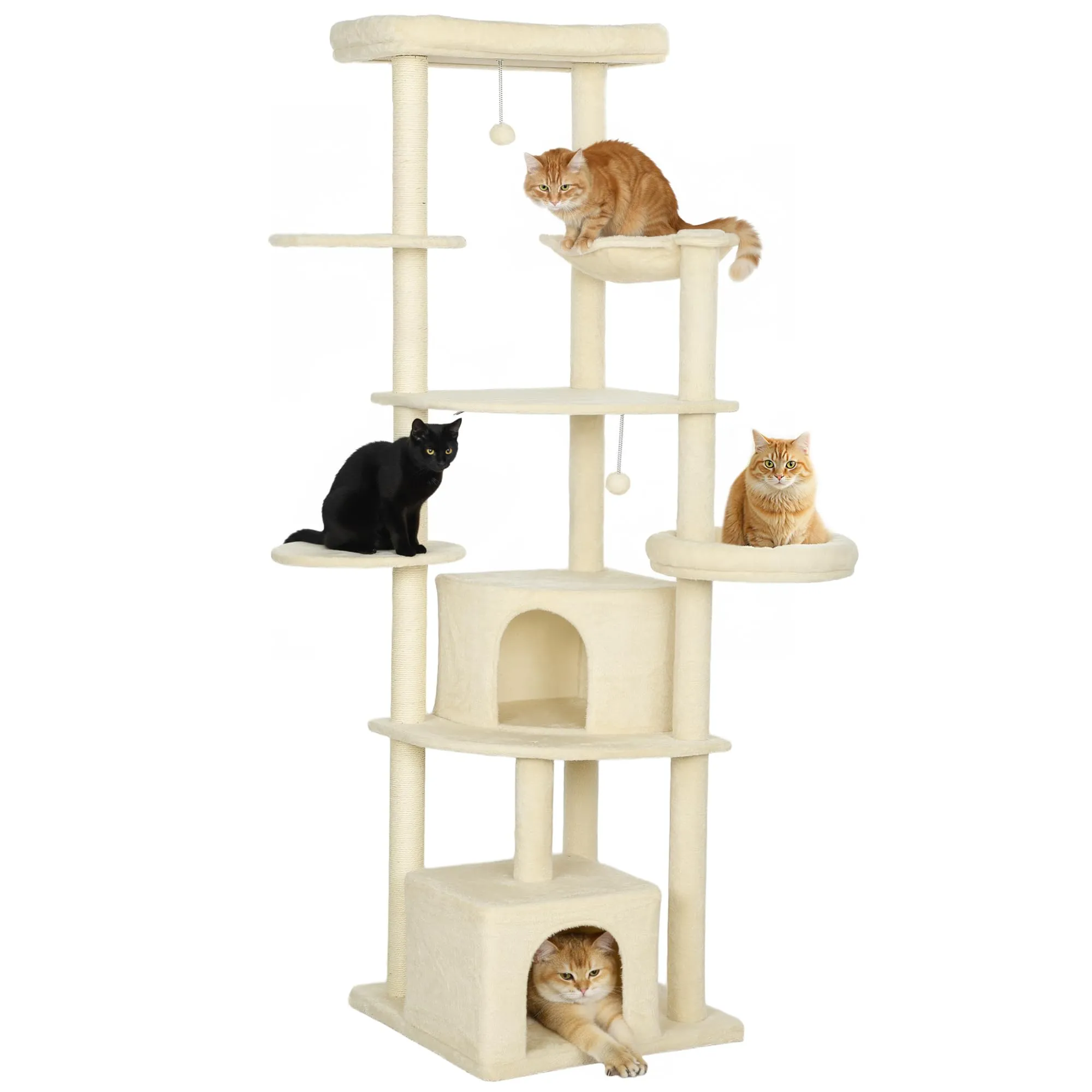PawHut Tiragraffi per Gatti Alto 200 cm, Albero per Gatti Multilivello con 5 Pali Graffiatoi in Sisal, 2 Grotte, 2 Cucce, Amaca, 2 Pompon, Piattaforme, Gioco Torre per Gattini, in Peluche, Beige