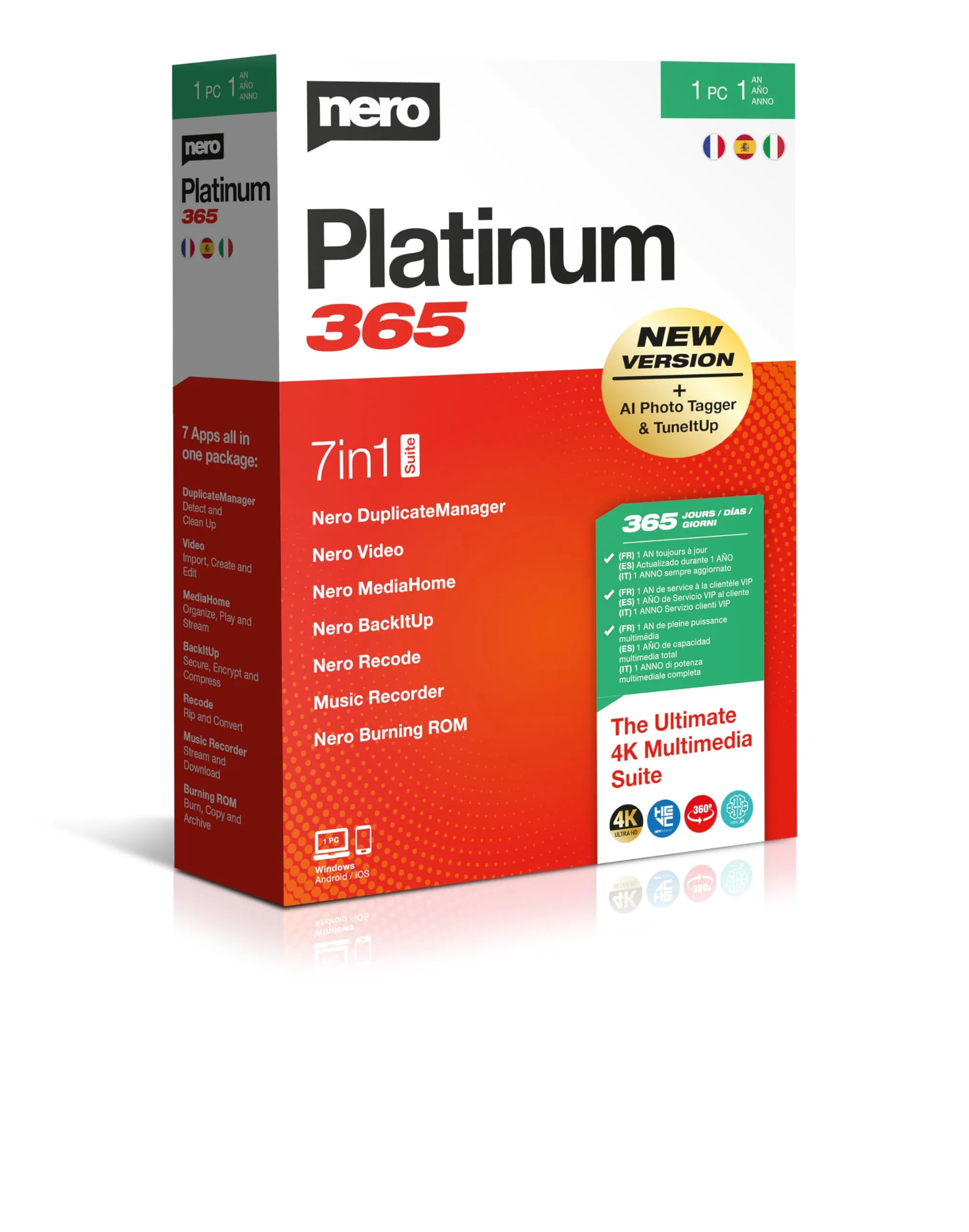 Nero Platinum 365- Editing video | Backup | Gestione e riproduzione di contenuti multimediali | 8K | Foto | Musica | Messa a punto del PC | Windows 8/10/11 | 1 PC