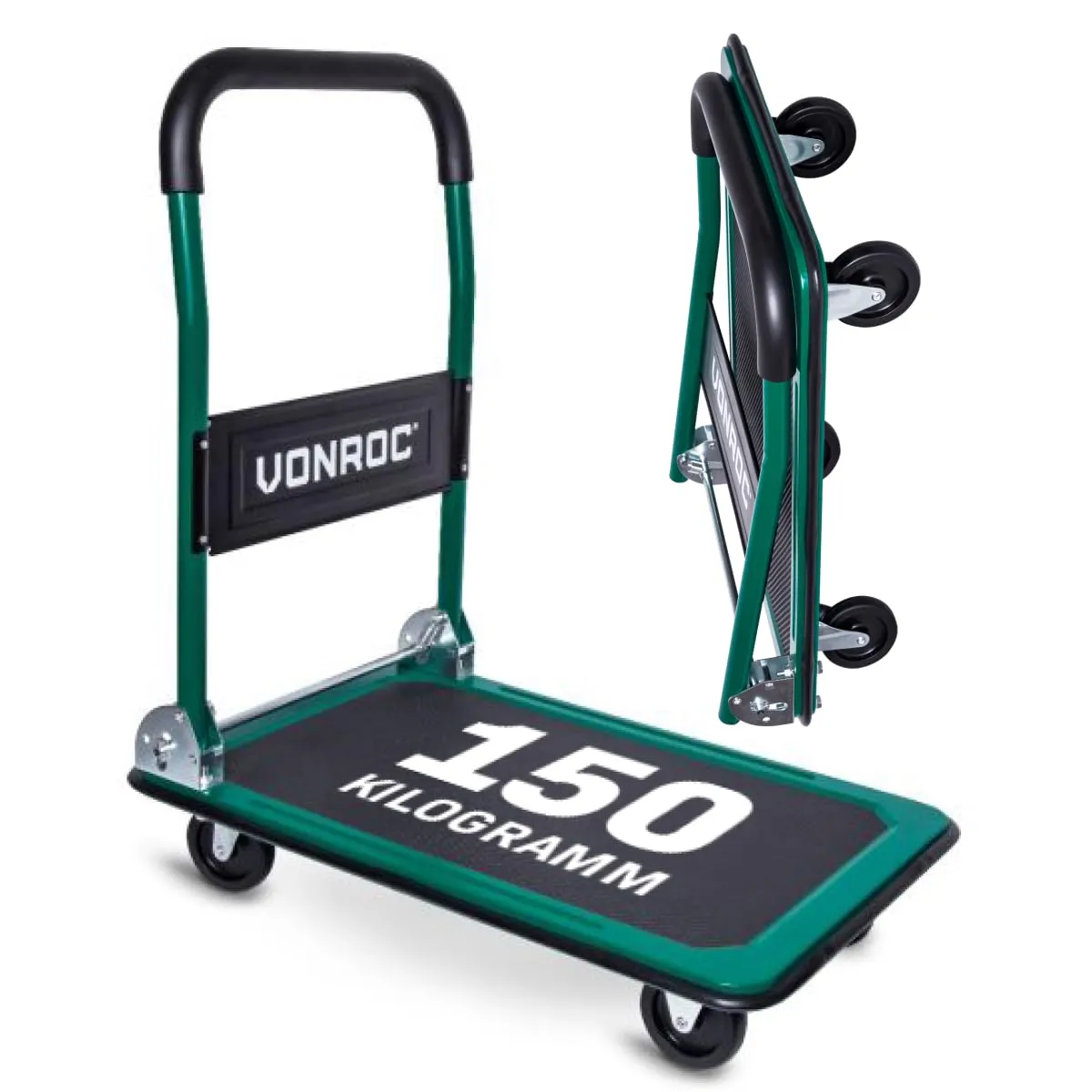 VONROC Carrello da Trasporto Pieghevole - 150kg | Ruote Girevoli 360° | Piattaforma 470x730mm | Maniglia in Acciaio | Anti-Corrosione