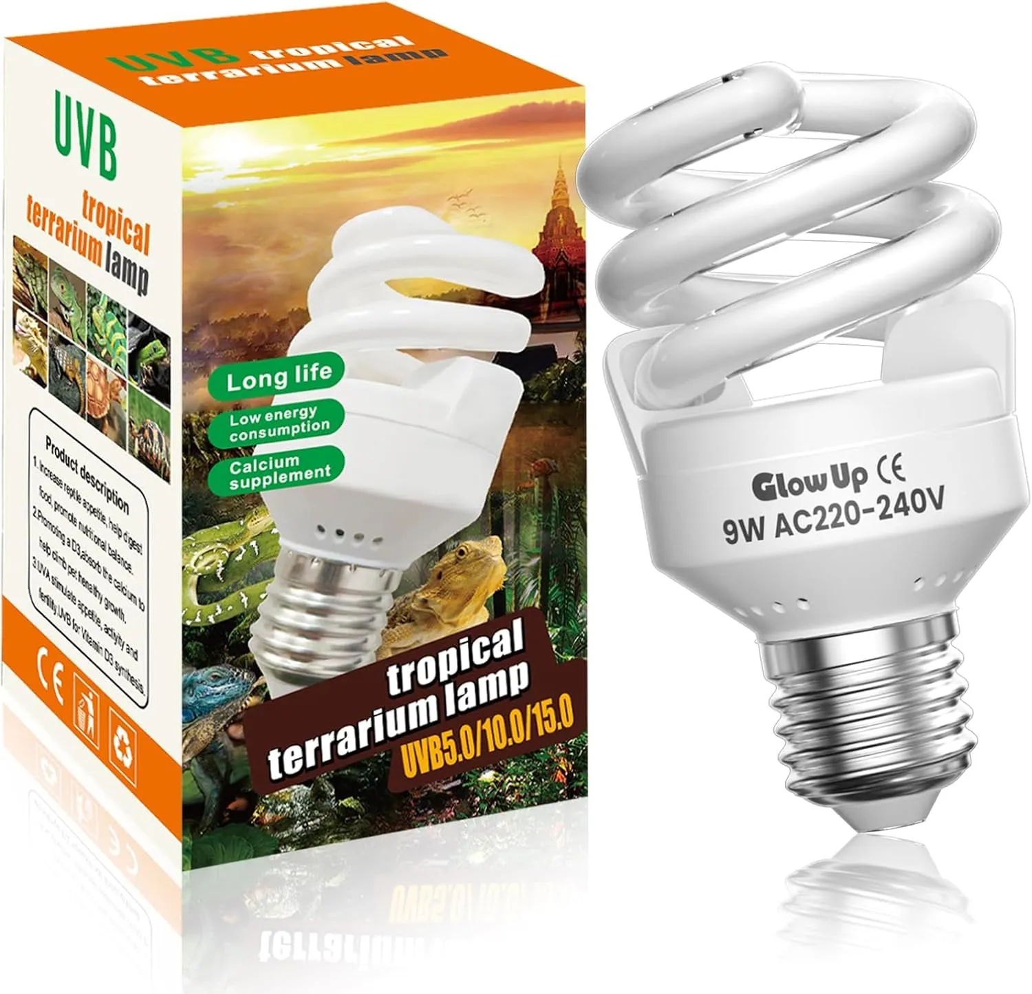 GlowUp 9W UVB 5.0 E27 Lampada per Tartarughe e Rettili AC220-240V, Lampadina Fluorescente UVA UVB per Acquario, Contenitore di Vetro, Mangiatoia, Tartaruga, Serpente (1Pcs)