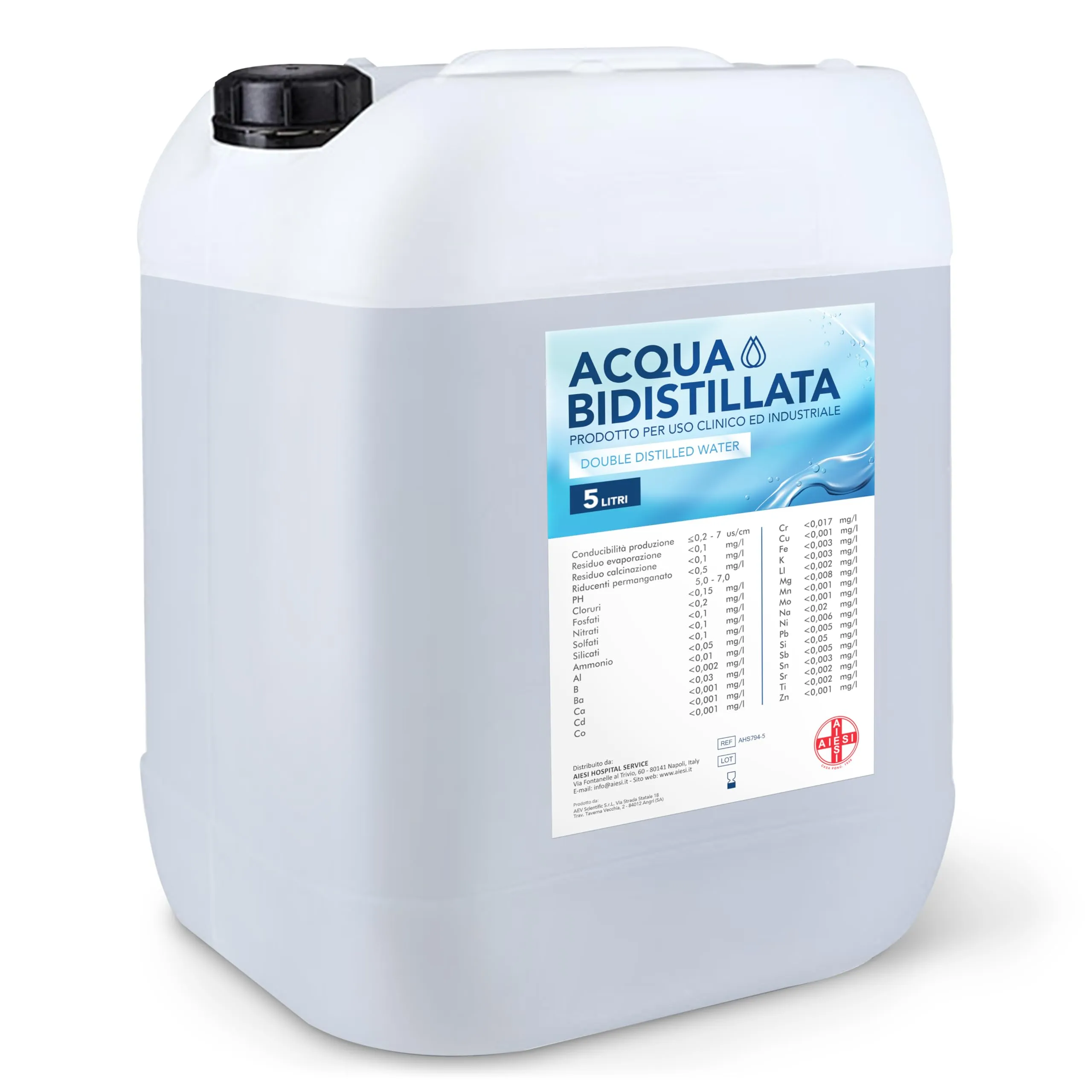 AIESI® Acqua Bidistillata pura per uso clinico ed industriale tanica da 5 litri, Distillata due volte, Demineralizzata, Made in Italy
