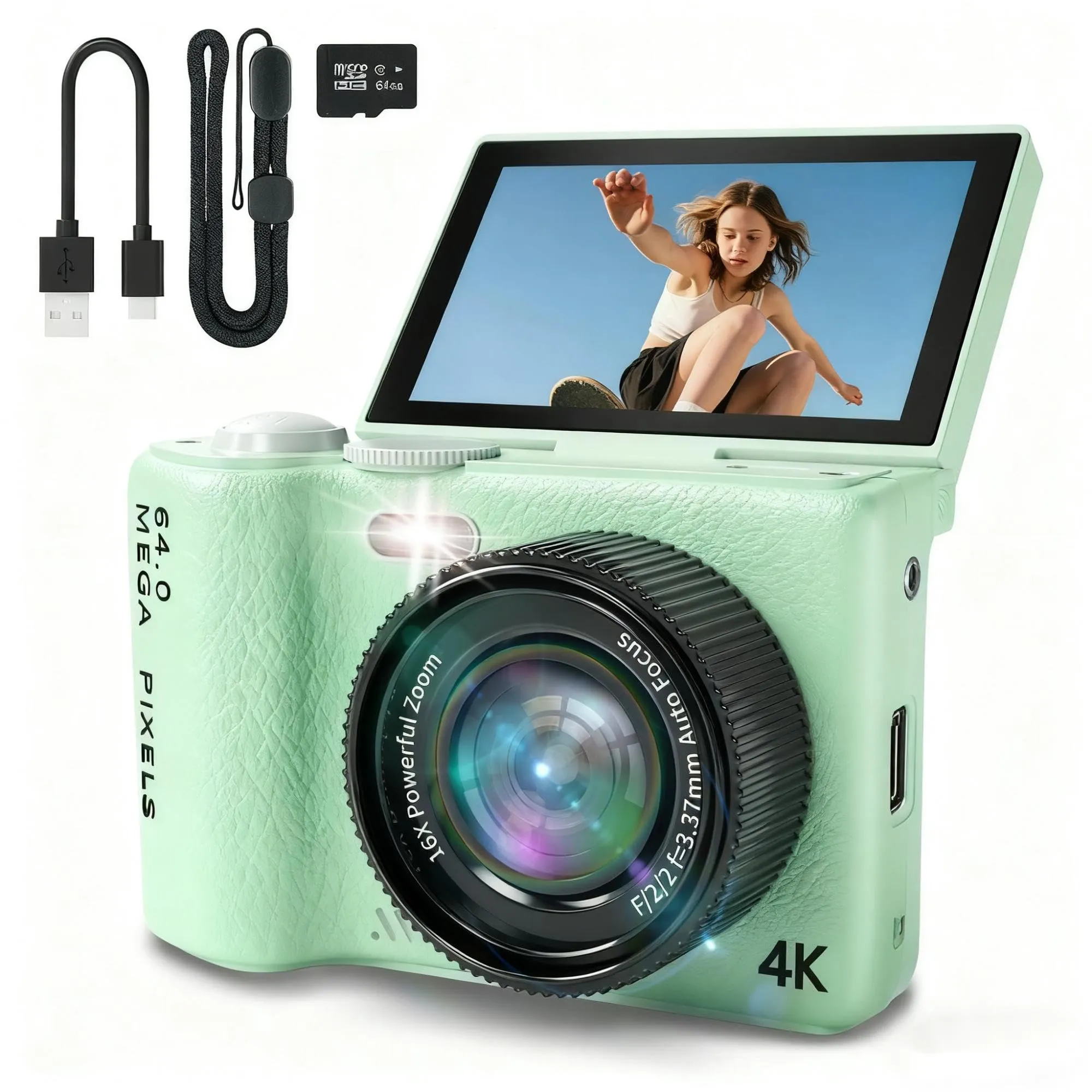 4K Digital Camera for Photography and Video, Point and Shoot Digital Cameras with Flip Screen, Small Digital Camera with Wifi and Bluetooth, Vlogging Camera for Youtube Video Recording