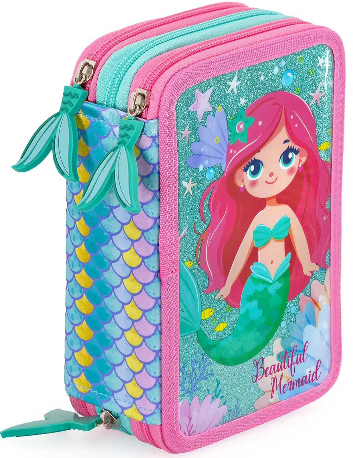 Julian Ross Astuccio 3 Scomparti – 45 Pezzi, 2 Penne Cancellabili, Pastelli 4.0, Forbici, Colla, Pennarelli – Scuola Elementare e Regalo Bambina - Sirena