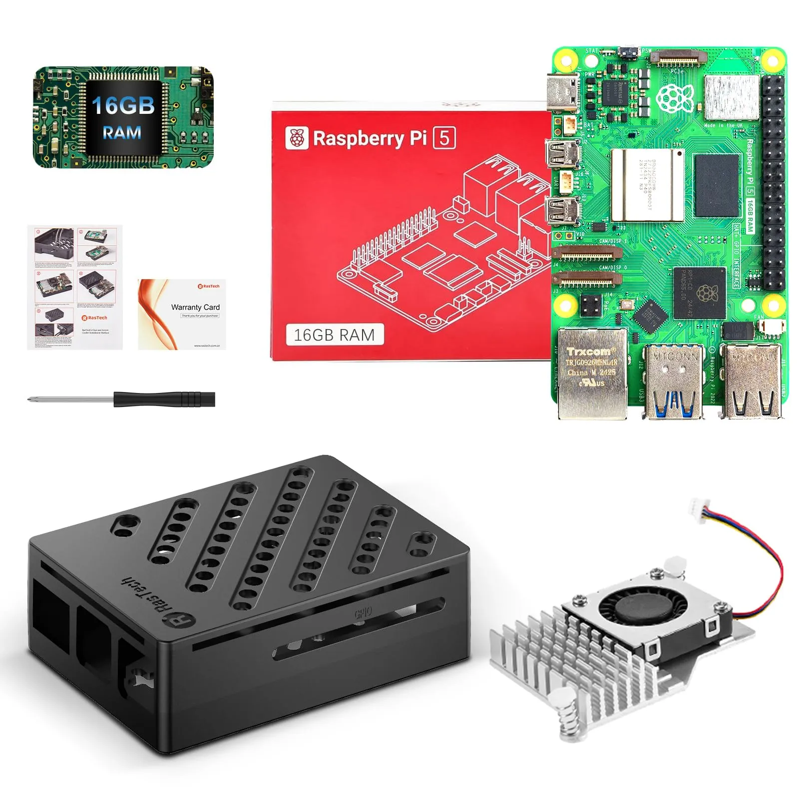 RasTech Raspberry Pi 5 16GB Kit con Active Cooler, Pi 5 ABS alloggiamento e cacciavite e scheda di garanzia