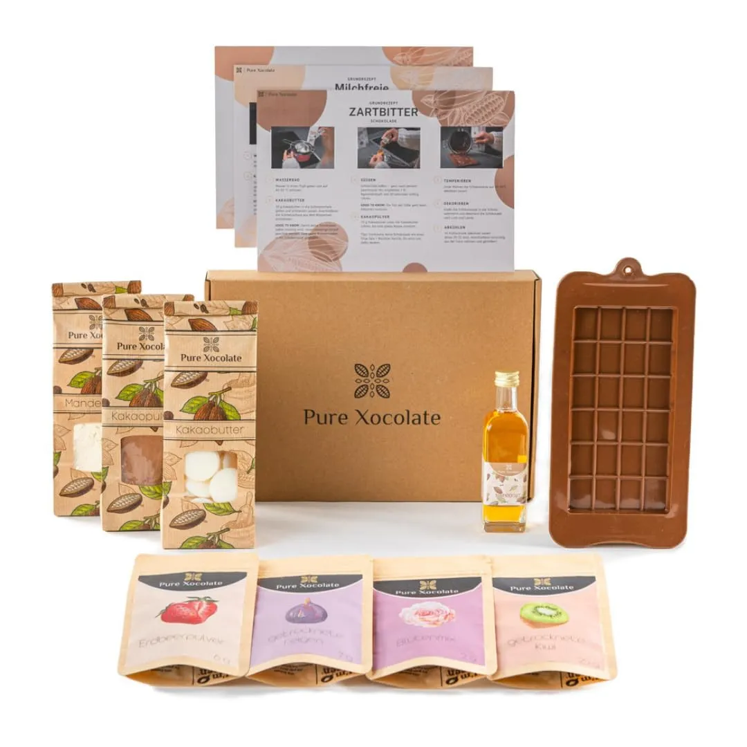Pure Xocolate Kit cioccolato fai da te – Set per fare il cioccolato – alternativa vegana senza lattosio – idee regalo al cioccolato per bambini, donne e uomini – con stampo in silicone e ricette