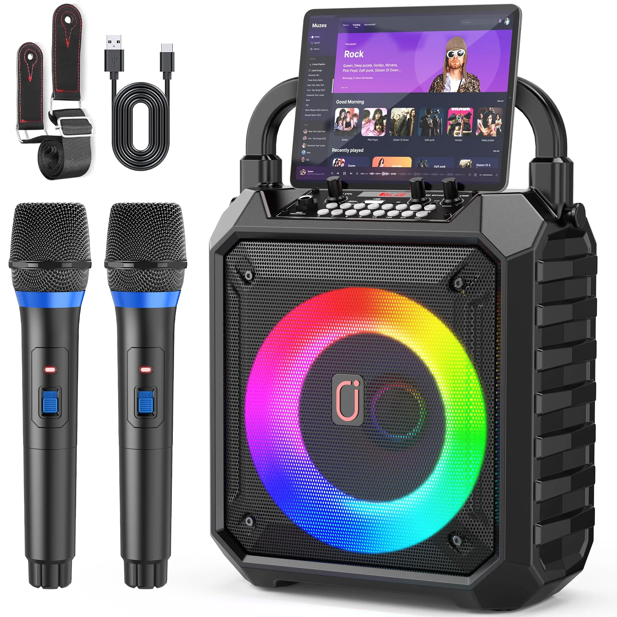 JAYUXIAN Cassa Karaoke con 2 Microfoni per Adulti, Portatile Altoparlante Bluetooth con Luci LED, Sistema PA con Microfono Karaoke Supporta Scheda TF/USB/AUX-In/REC per Feste