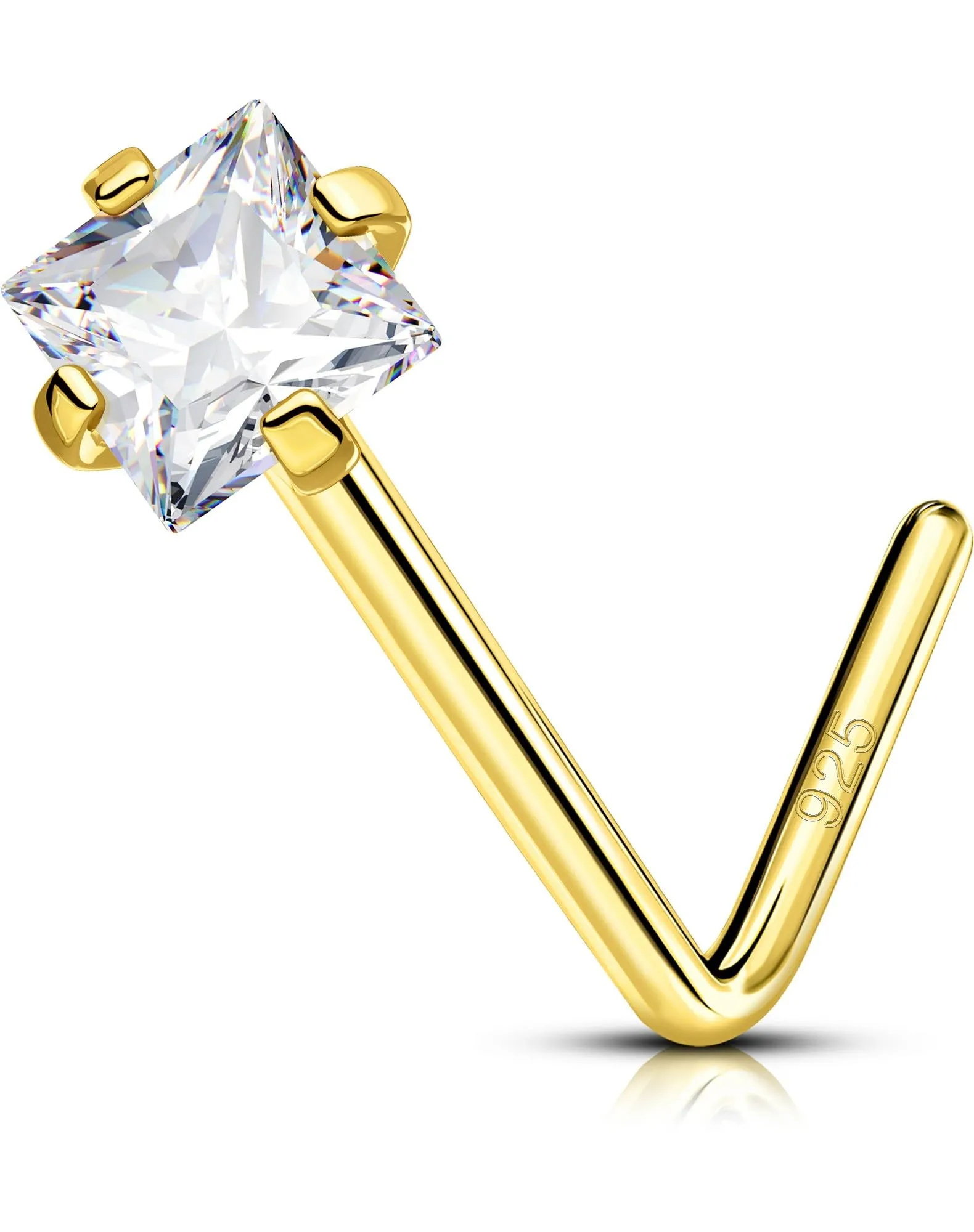 OUFER 20G Piercing al naso a forma di L in argento Sterling 925, cerchio da 7 mm, in oro, con zirconi trasparenti quadrati, gioielli per il corpo da donna