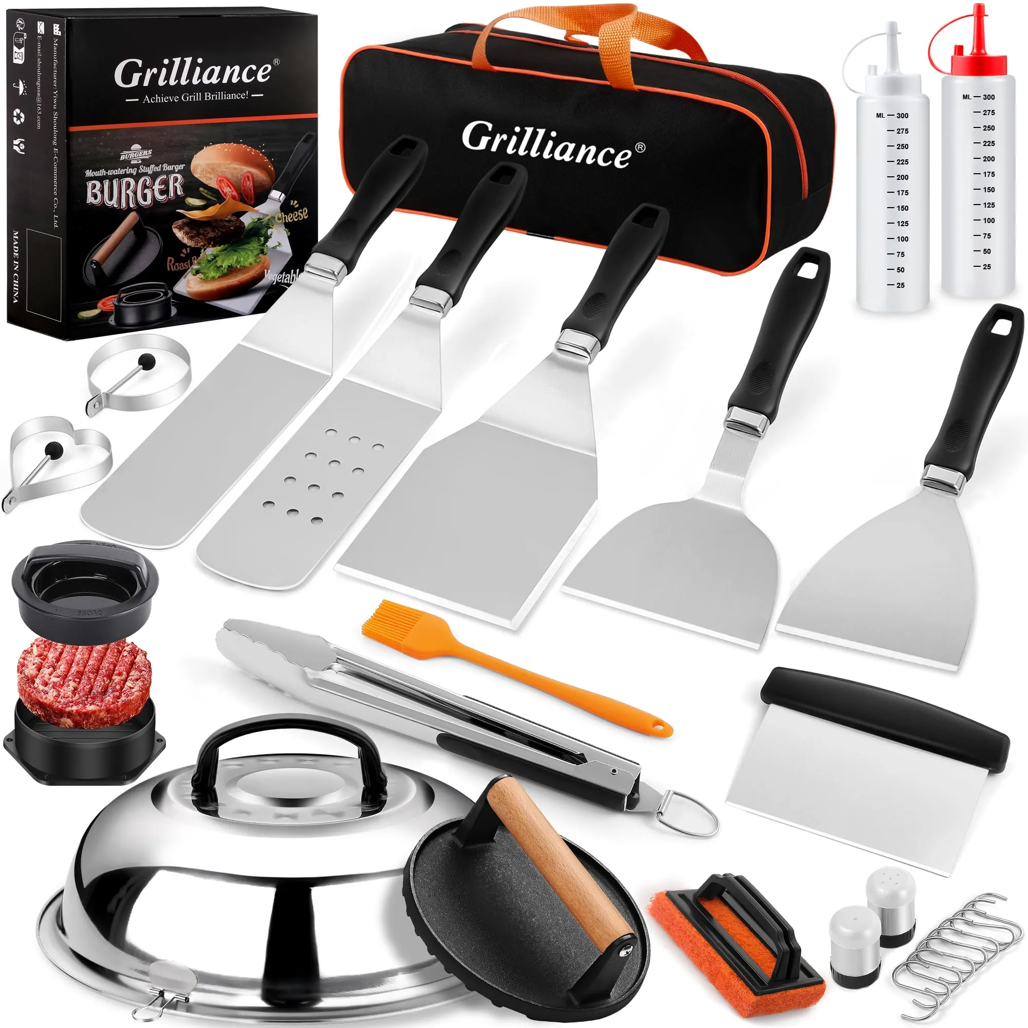 Grilliance 27PCS Griglia Set di Spatola Plancha Accessori per Uomini, Kit Utensili Barbecue Teppanyaki Acciaio Inox, Professionale Hibachi Smasher Burger set Regalo con Hamburger Pressa, Patty Maker