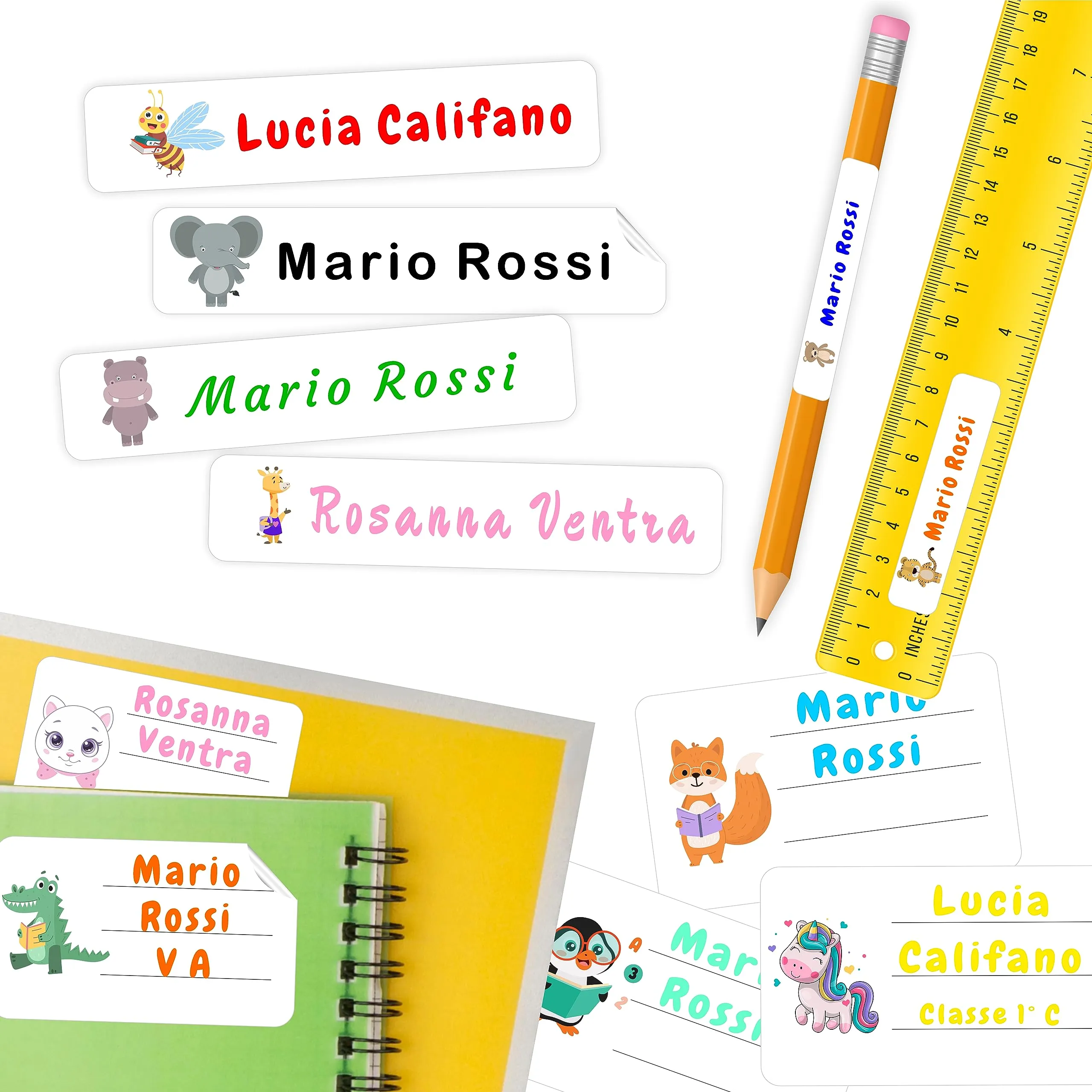 230 Etichette personalizzate colorate scuola materiale didattico in 2 formati convenienza,180 adesivi 50x10mm e 50 adesivi 50x30mm,utili a segnare penne, quaderni, matite, libri, ecc. BIANCO