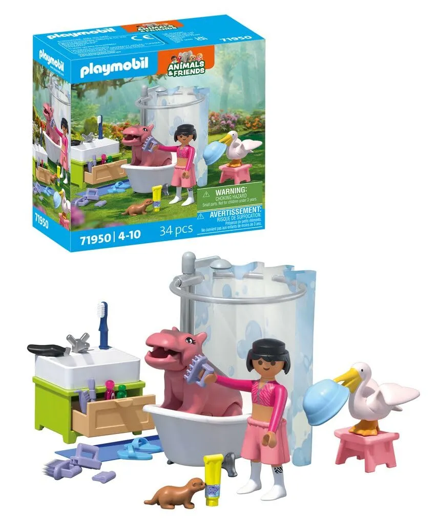 PLAYMOBIL Animal Bath Fun Set da gioco con statuine, Bagnetto degli animali