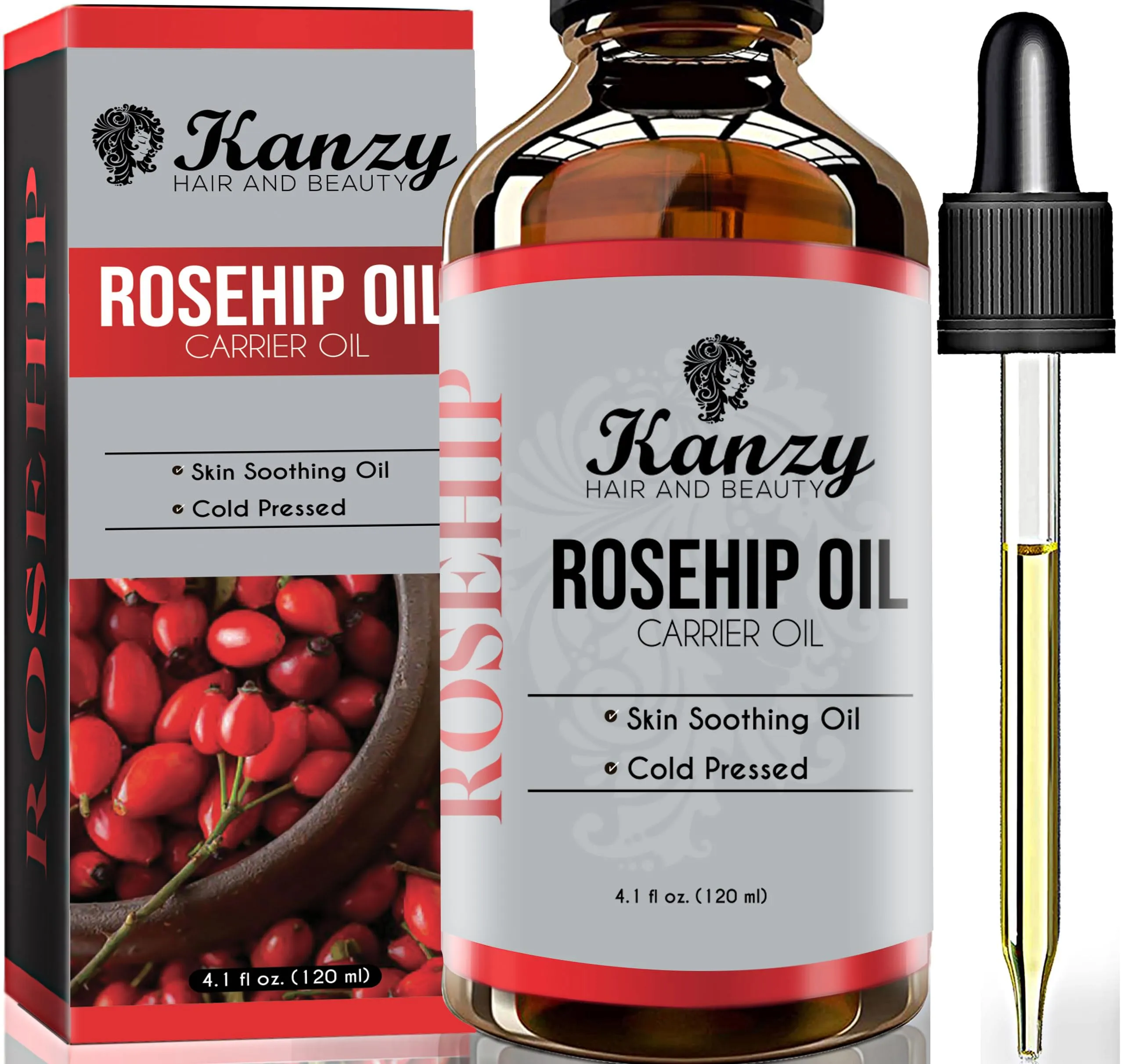 Kanzy olio di jojoba biologico spremuto a freddo, puro olio di jojoba per capelli, unghie, ciglia e sopracciglia (120 ml, Rosa Mosqueta)
