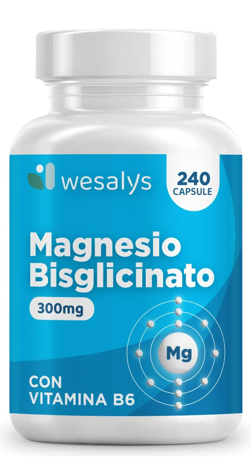 Magnesio Bisglicinato 240 Capsule (fino a 4 mesi), 300 mg di Magnesio glicinato. Con Vitamina B6, Organico, Magnesium glycinate, Integratore Muscoli, Sistema Nervoso, Stress, Ossa. Wesalys