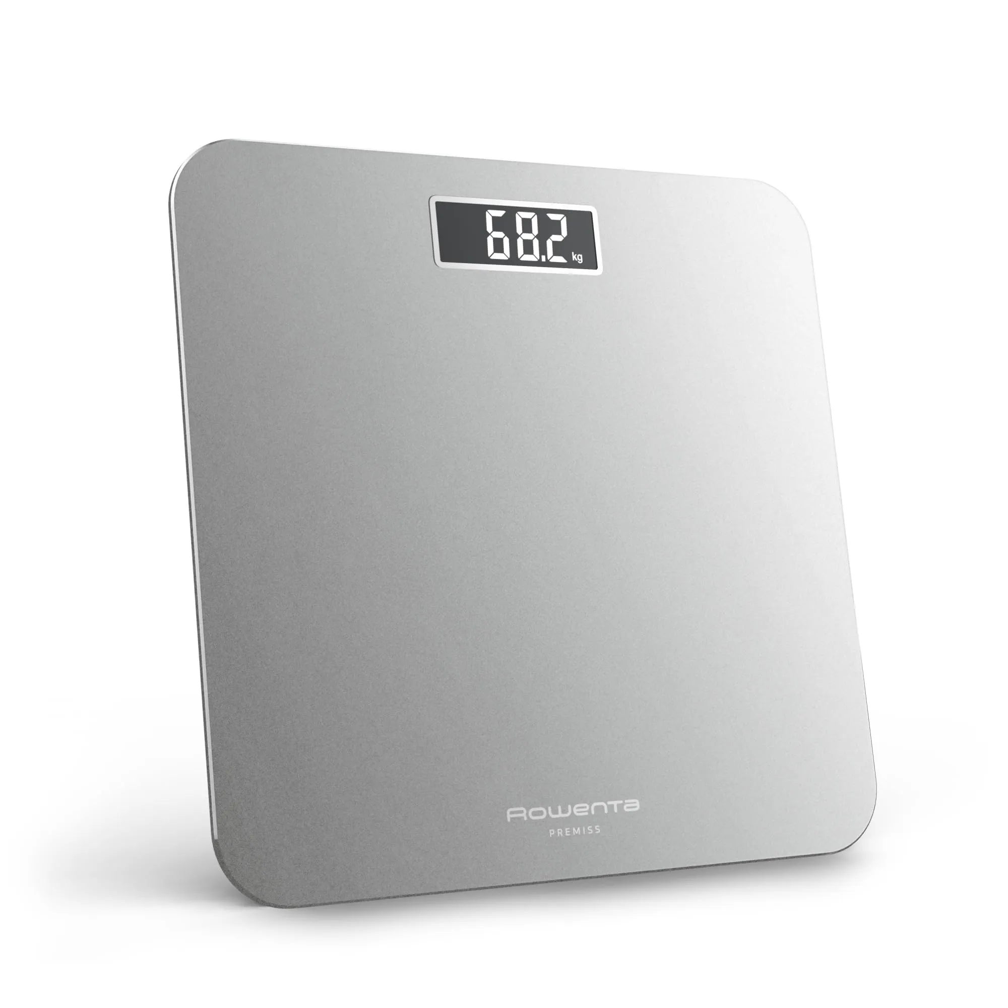 Rowenta Premiss 2.0, Bilancia da Bagno con Display LCD Facile da Leggere, Capacità 160Kg, Design Moderno e Funzioni Intelligenti, Auto Accensione e Spegnimento Automatico, Colore Argento, BS1801V0
