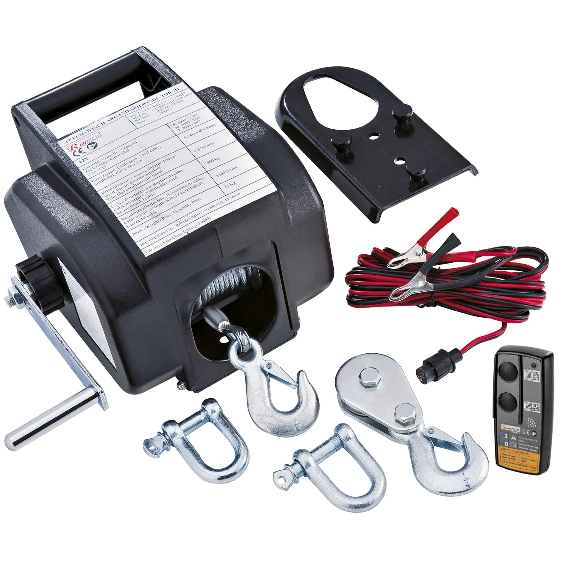 Ribimex Verricello Elettrico Telecomandato da 5 Tonnellate, 12 V, Marcia Avanti e Retromarcia, Ideale per Traino di Carichi Statici e su Ruote, Kit di Installazione per Rimorchio Incluso - PE12V/T1
