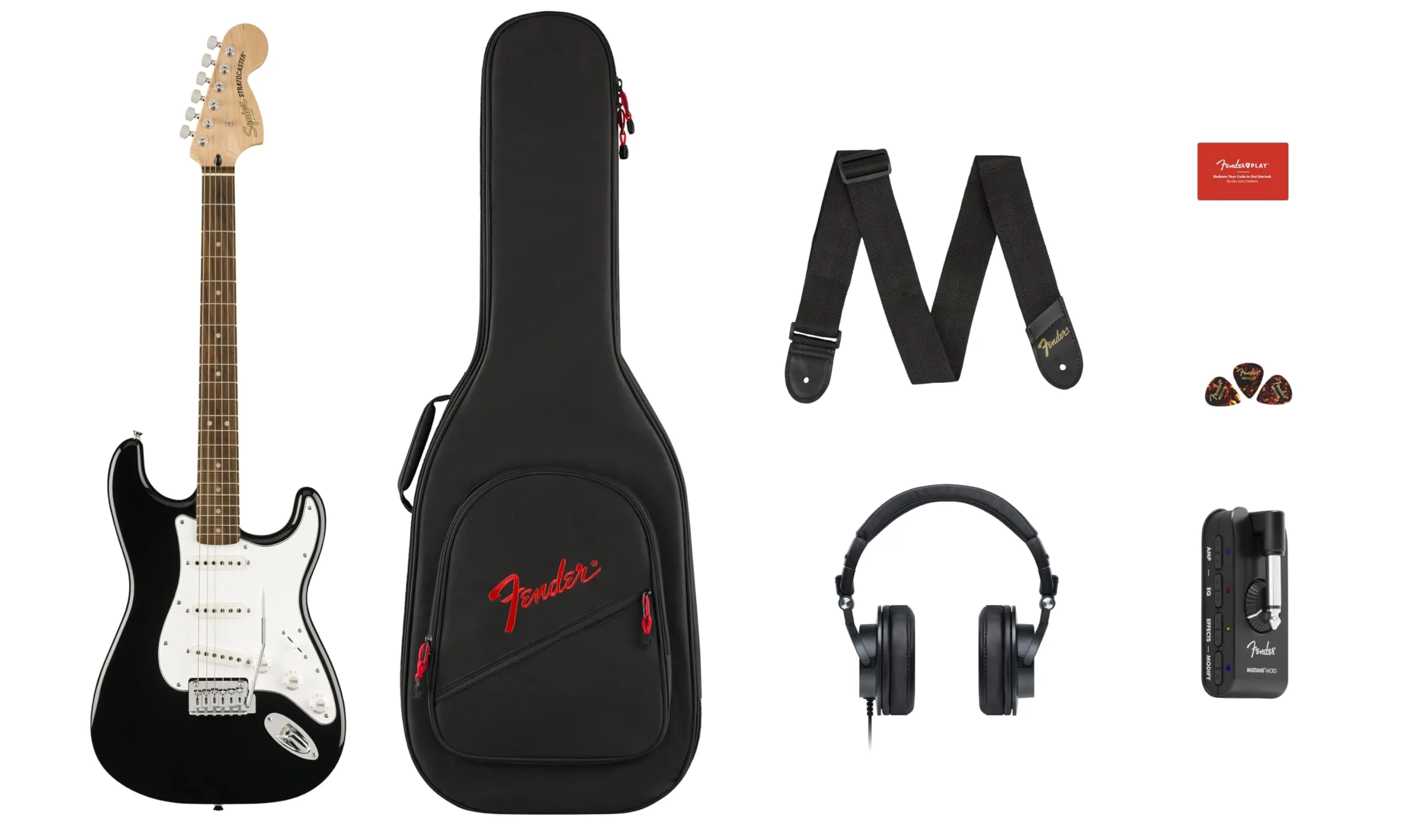 Squier by Fender Affinity Stratocaster Chitarra Elettrica & Mustang Micro Pack, Nero, Tastiera in Acero, Include Gig Bag, Tracolla, Cuffie, Plettri e 3 Mesi di Fender Play Gratis