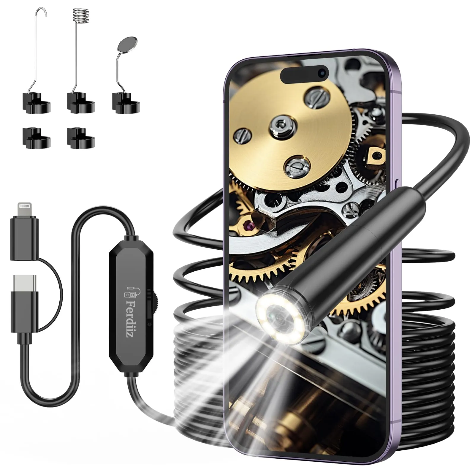Ferdiiz Endoscopio per Smartphone, 1920P HD Sonda Telecamera Endoscopica, Endoscopio con 8 LED, Ispezione Tubi Impermeabile IP67, Telecamera Ispezione Tubi per Android e iOS senza WiFi - 16,4 ft/5 m