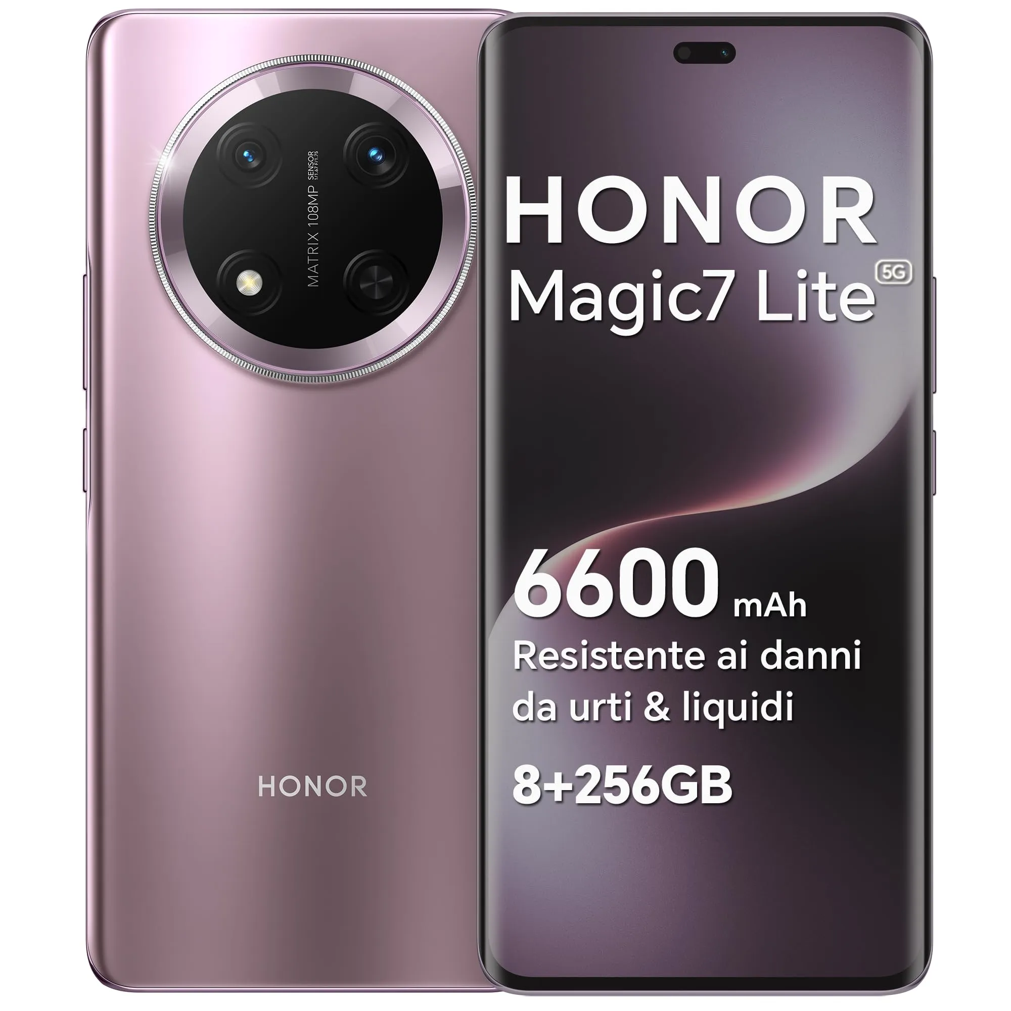 HONOR Magic7 Lite Smartphone 5G Android 14 Dual SIM NFC, 8GB RAM 256GB, 6600 mAh, 6.78 pollici AMOLED Display,Drop/Water/Heat-Resistente,108 MP, esperienza intelligente AI, Titanium Purple