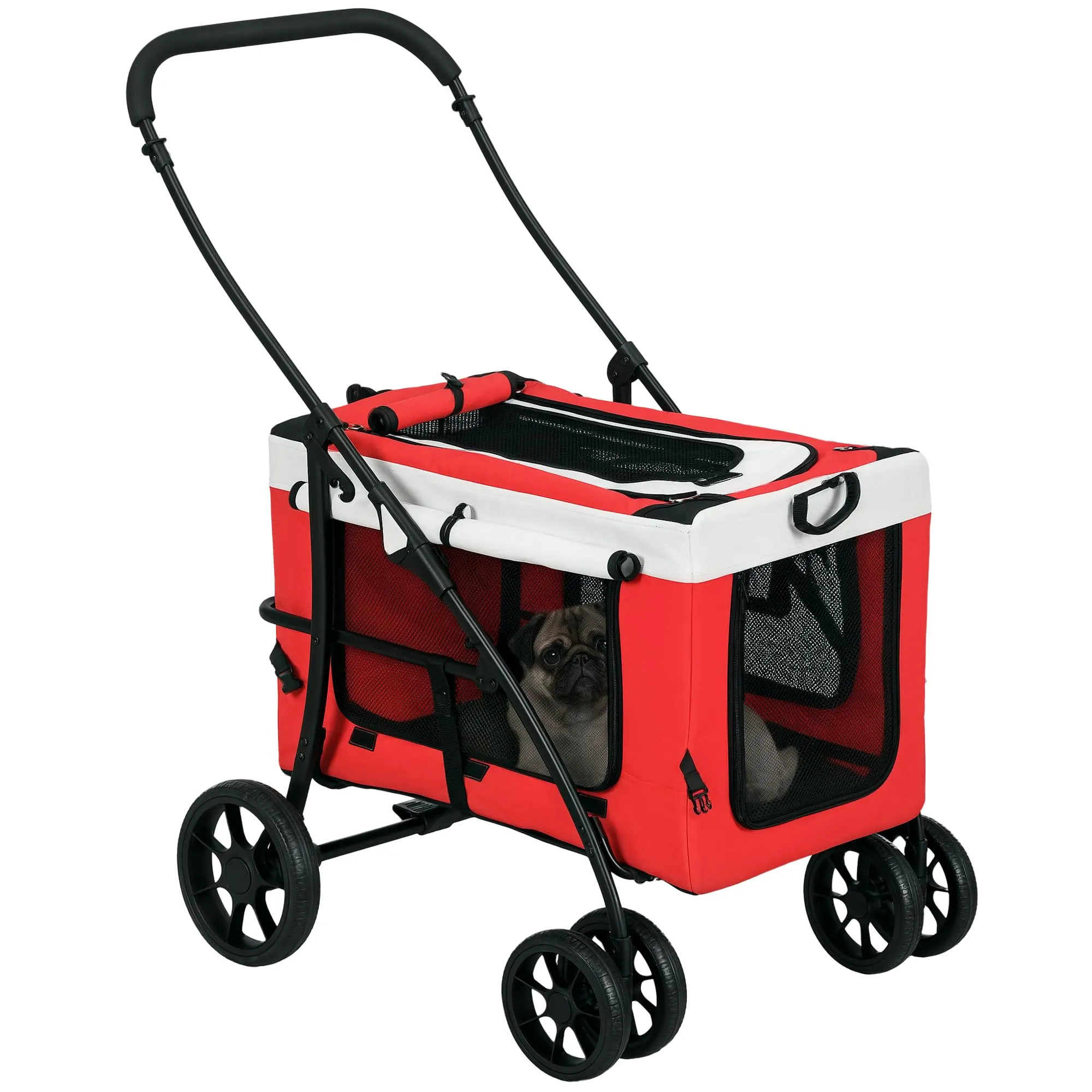 PawHut Passeggino 2 in 1 per Cani Taglia Piccola e Mini con 2 Guinzagli e Custodia Portaoggetti, Passeggino per Animali in Acciaio ed EVA, 81x58x97.5 cm, Nero Rosso Bianco