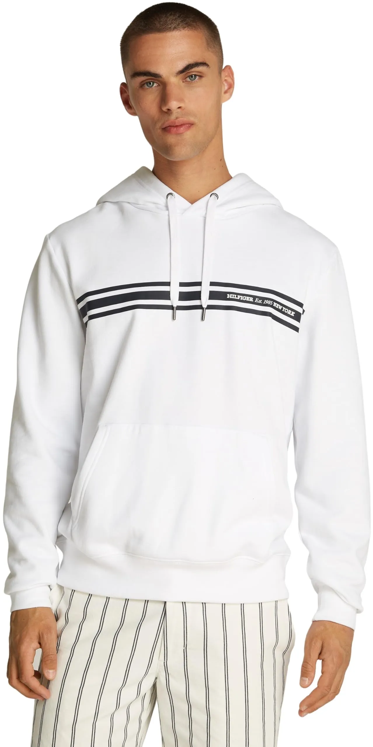 Tommy Hilfiger Uomo Felpa Central Chest Stripe con Cappuccio, Bianco (White), XL