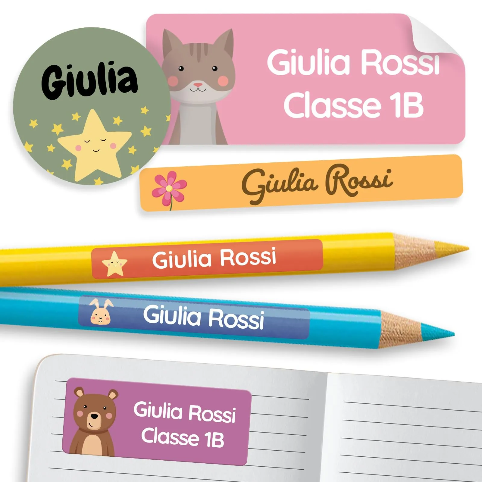 melu kids® Set di Etichette Adesive Personalizzate Scuola [100, Mix] - Etichette Adesive per Matite, Quaderni, Materiale Scolastico e Oggetti - Resistenti all'Acqua - Tre Dimensioni