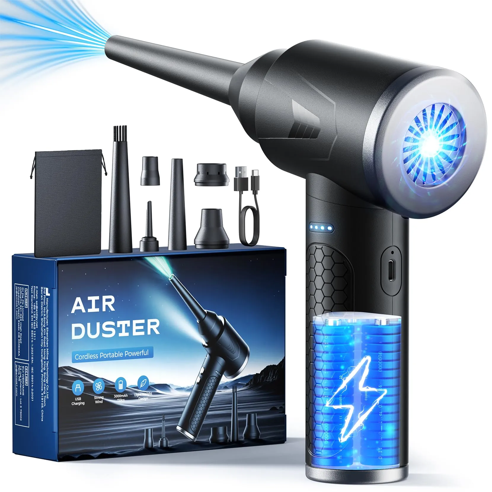 Aria Compressa Elettrico a 3 Velocità con luce LED, 100.000 Giri/Min Aria Compressa Spray con Batteria da 9000 mAh, Potente Kit Pulizia PC, Divano, Tastiera, Auto