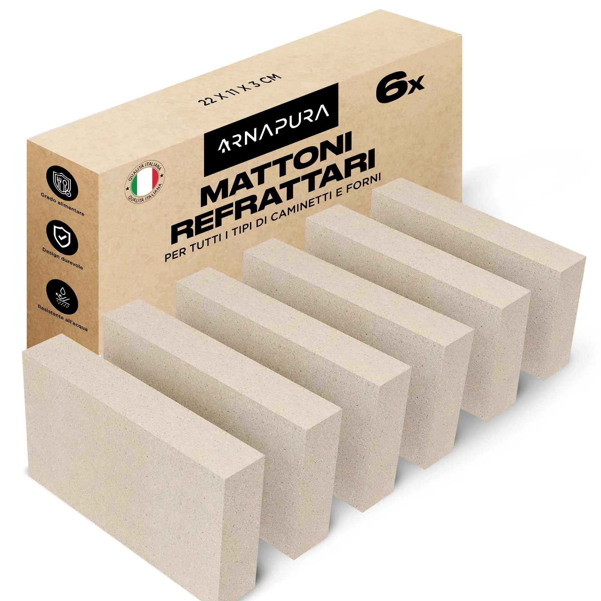 ARNAPURA Pack 6 Mattoni Refrattari 22 x 11 x 3 cm | Realizzati in Argilla Refrattaria | Mattoni Refrattari per Forno a Legna Perfetti per Camini, Forni e Barbecue