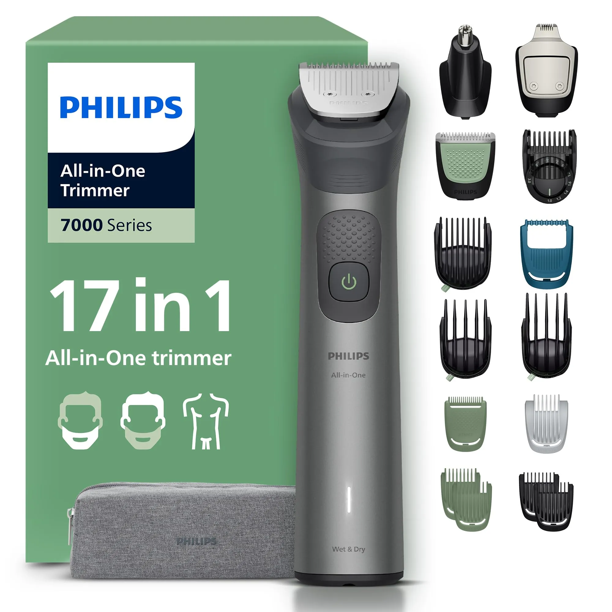Philips Rifinitore All-in-one Multigroom Serie 7000 17 in 1 - Rifinitore per barba, capelli e corpo, lame autoaffilanti interamente in metallo, 26 impostazioni di lunghezza (0,5-20 mm), MG7961/15