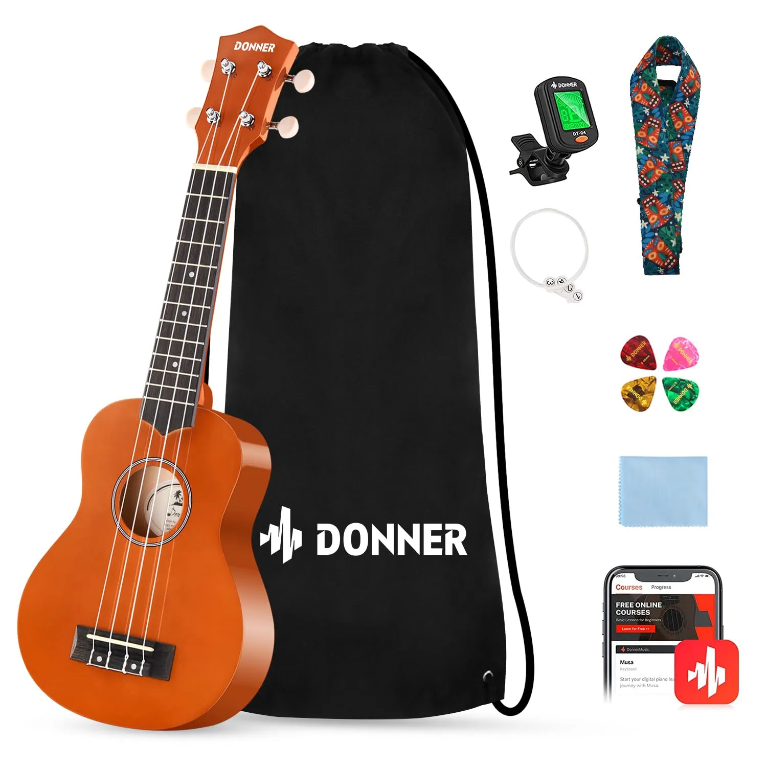 Donner Ukulele per Principiante Soprano Ukulele Kit 21 Polllici con Custodia Corde Ukelele Hawaiano Online Lezione Colore Mogano