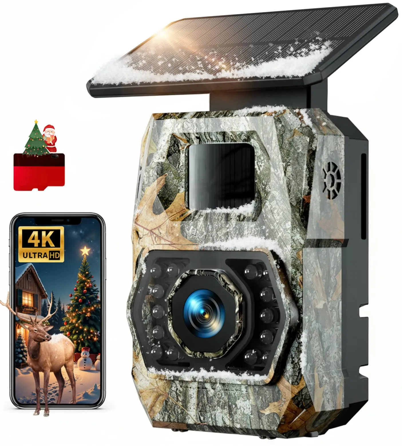 CamZeste Fototrappola con Pannello Solare 60MP 4K 30fps, WIFI Bluetooth e App Fototrappola con Batteria Ricaricabile da 5200mAh Angolo di Rilevamento 100°HD Visione Notturna Impermeabile IP66