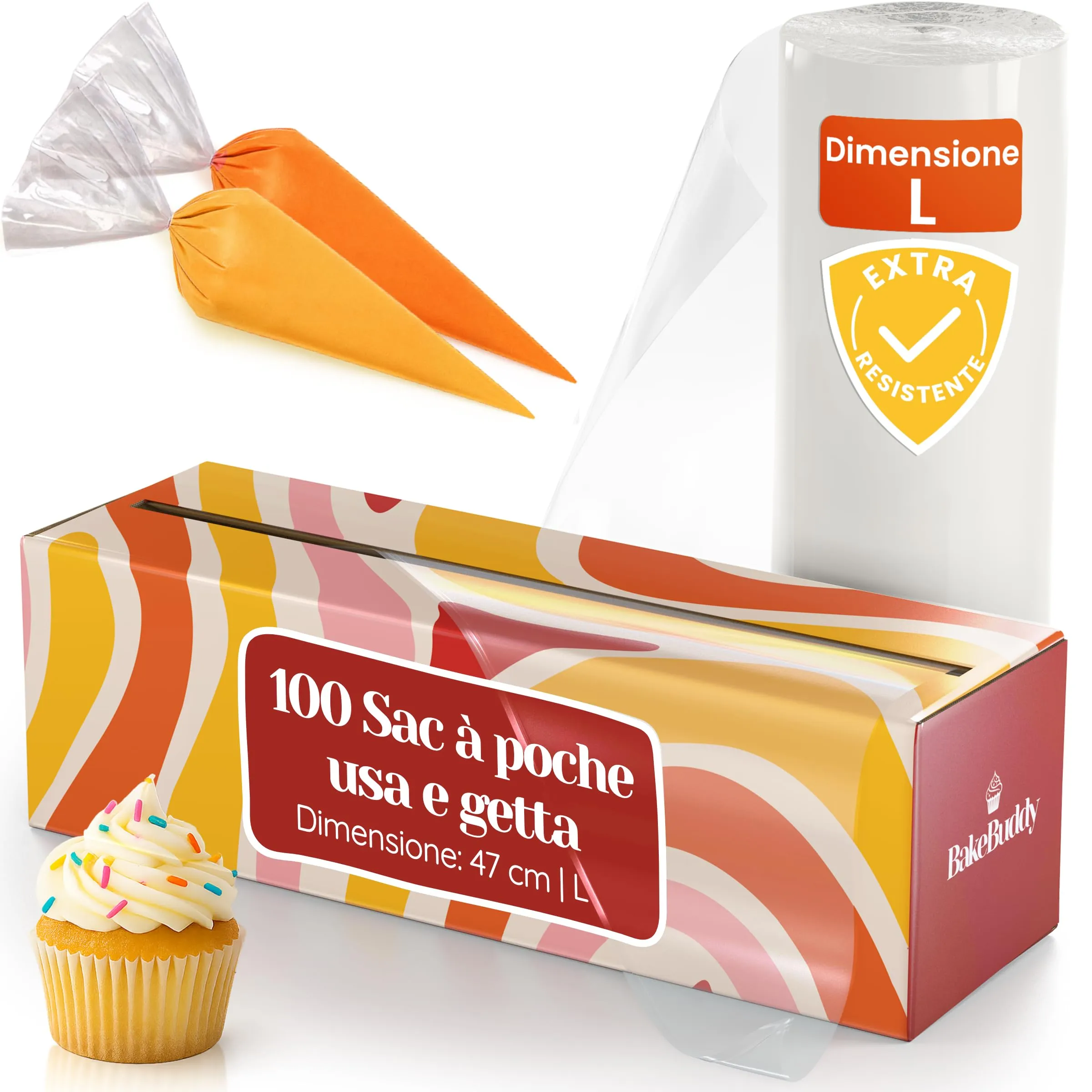BakeBuddy sac à Poche Professionali USA e Getta (100 Pezzi, L/47 cm) – Realizzate in Materiale LDPE Riciclato, Extra Resistenti, Ideali per Decorare Torte e per Cuocere Biscotti e Frollini