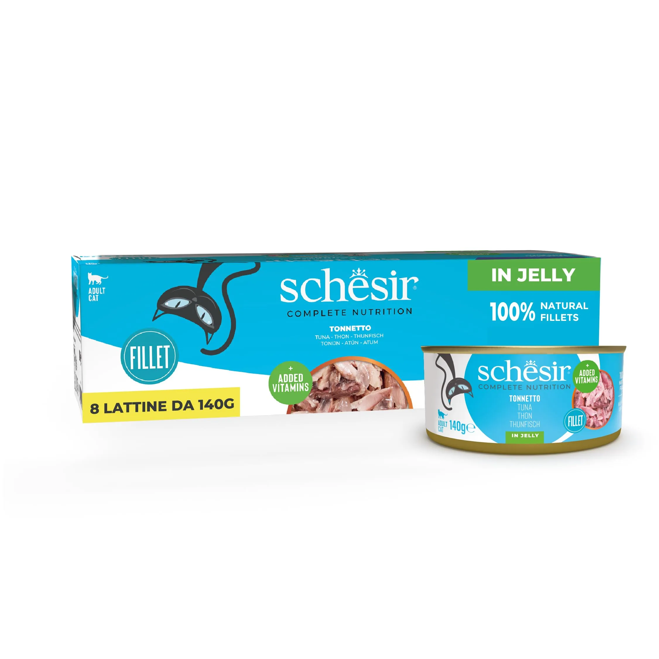 Schesir, Filetti di Tonnetto in Gelatina, Alimento Umido Completo per Gatti, in Lattina, Ingredienti 100% Naturali, Cruelty Free, 8 x 140g
