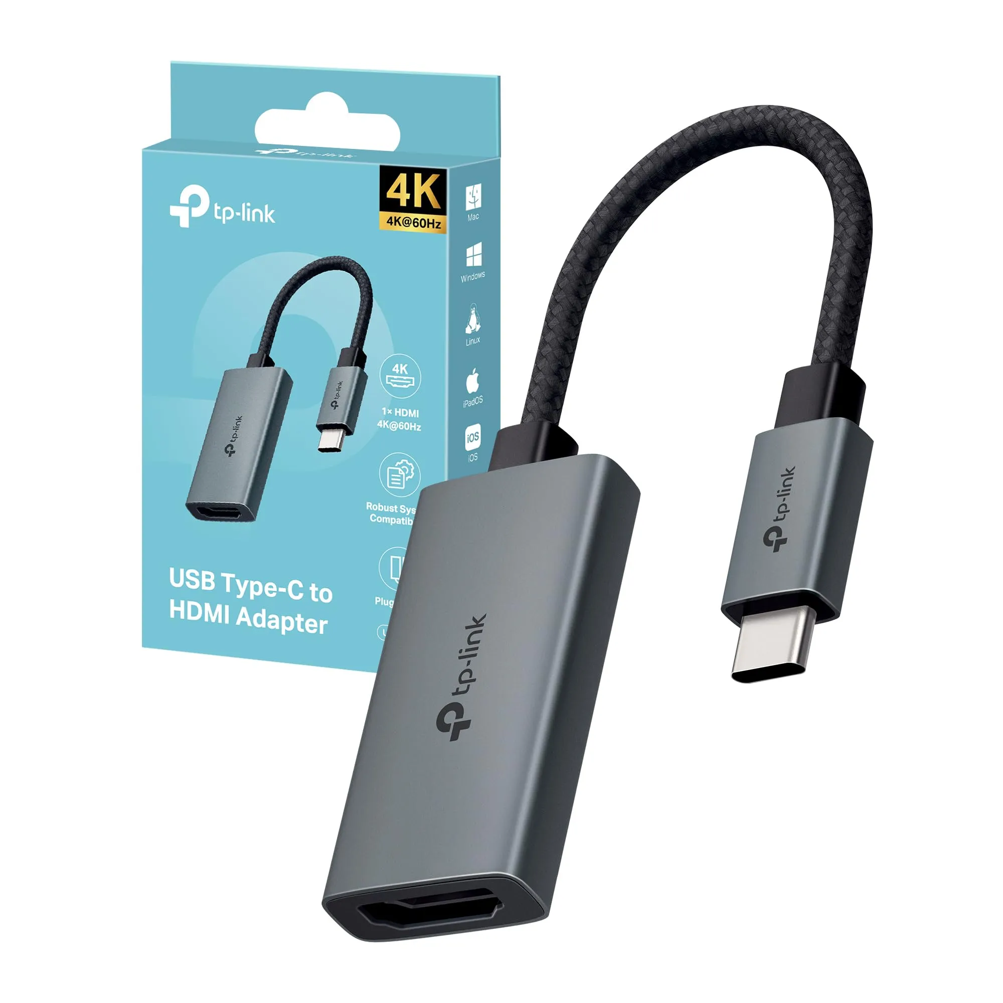 TP-Link UA520C Adattatore HDMI USB C fino a 4K@60Hz, Compatibile con desktop, smartphone, laptop, tablet, MacOS, Windows, iPadOS, iOS, Android, Linux OS e Chrome OS, con Cavo Intrecciato lungo 100mm