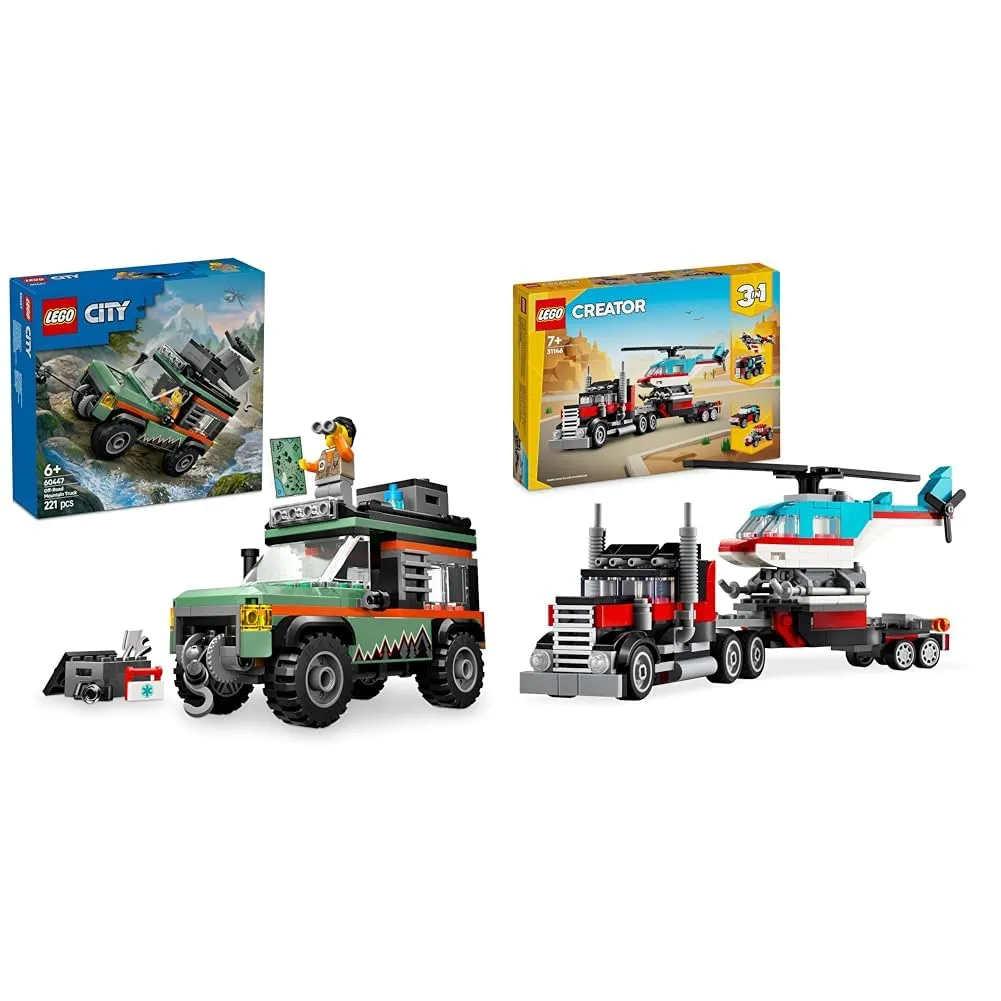 LEGO City Camion Montagna 4x4 Fuoristrada + Creator 3in1 Camion Pianale con Giocattoli Elicottero Idee Regalo Divertenti per Compleanni e Feste 60447 + 31146