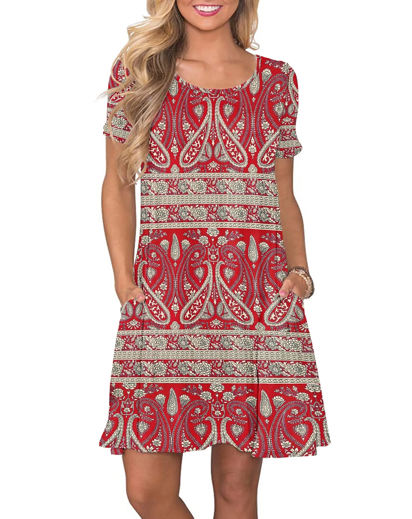 AUSELILY Abito Estivo Donna T-Shirt Casual Vestito a Manica Corta Abiti Corto con Tasche Scollo a Rotondo