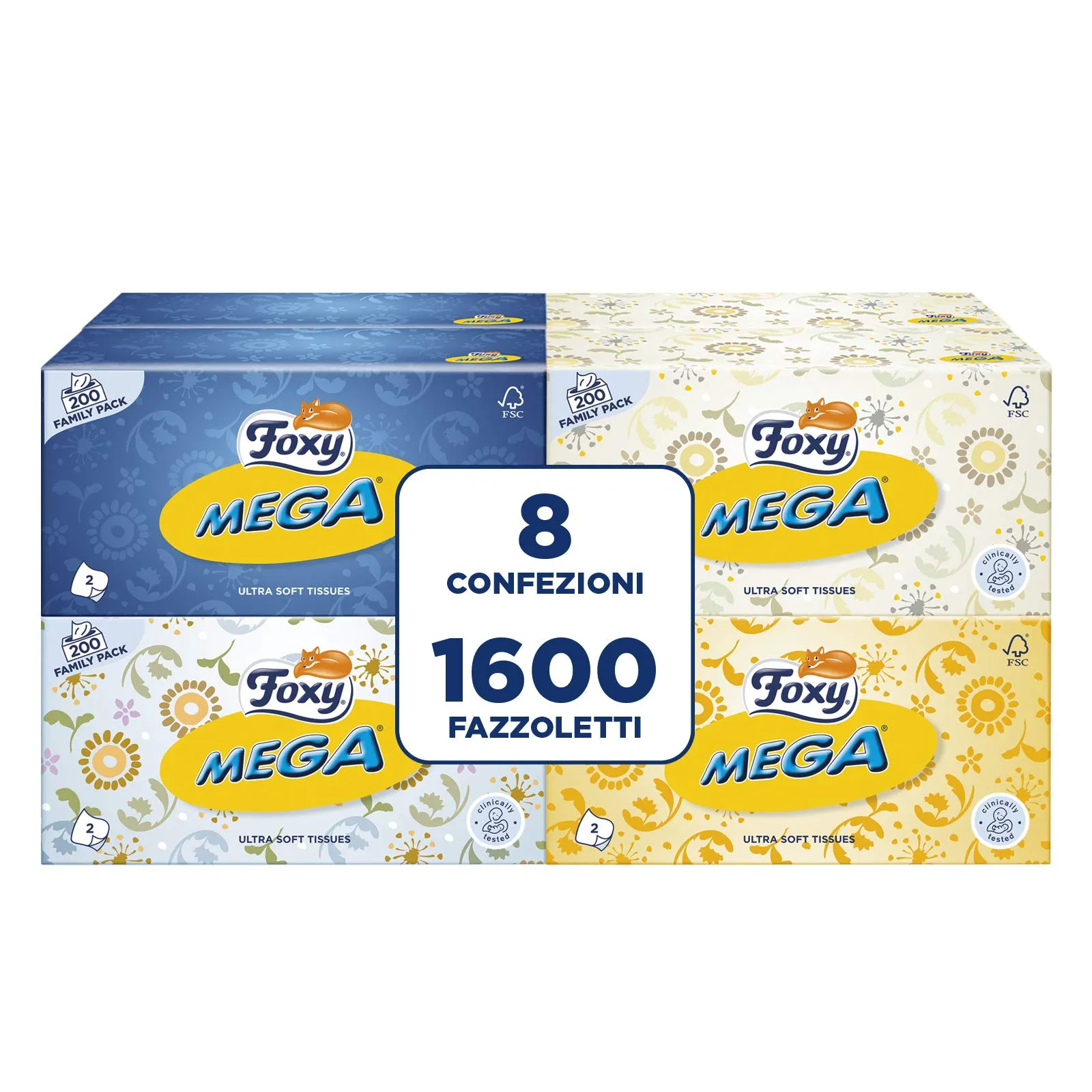 Foxy Mega | Fazzoletti in scatola | 8 Box da 200 fazzoletti 2 veli | 4 colori assortiti | Carta 100% certificata FSC® | Confezione 100% riciclabile