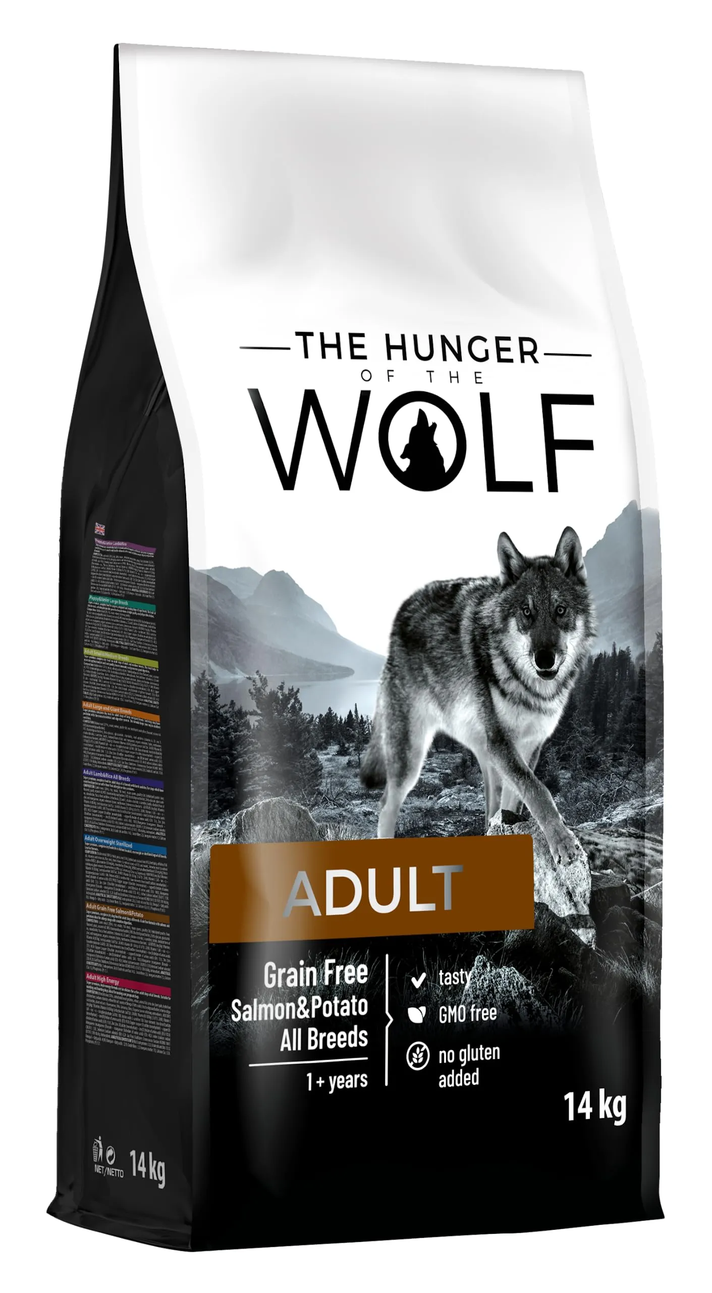 The Hunger of the Wolf Cibo secco per cani adulti di tuttle le razze e cani con allergie, linea delicata senza cereali a base di salmone e patate - 14 kg
