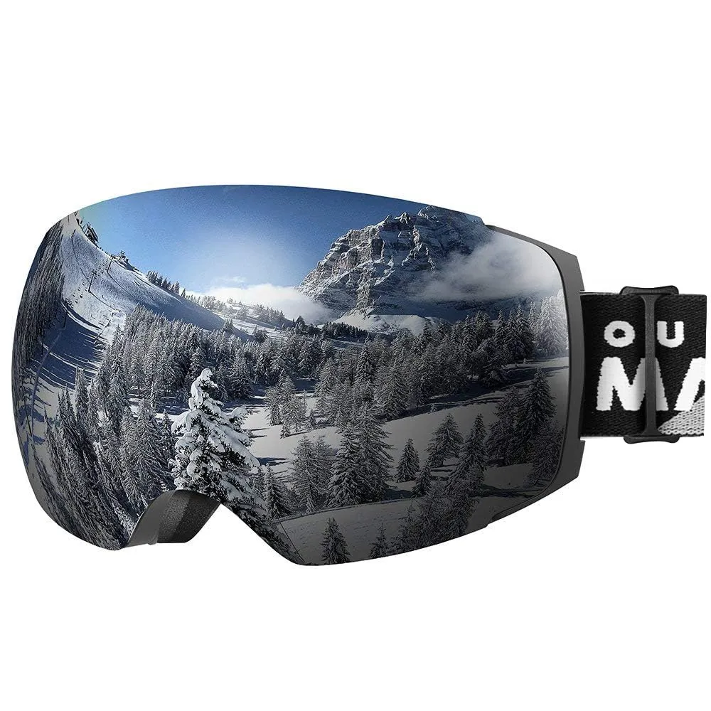 OutdoorMaster Maschera da Sci PRO, Senza cornice, Lenti intercambiabili Occhiali da Sci Snowboard, Protezione UV400 Maschera Sci da Donna&Uomo (A0-Nero Montatura Revo Lente Argento VLT10%)