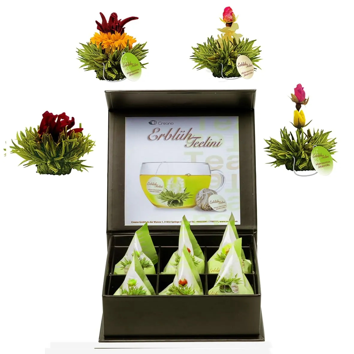 Creano Set Regalo 6 Fiori di Tè Verde "Teelini" – Scatola Magnetica Elegante con Goffratura Argento | 4 Varietà Pregiate di Tè Fiorito – Idea Regalo Natale, Compleanno, Occasioni Speciali