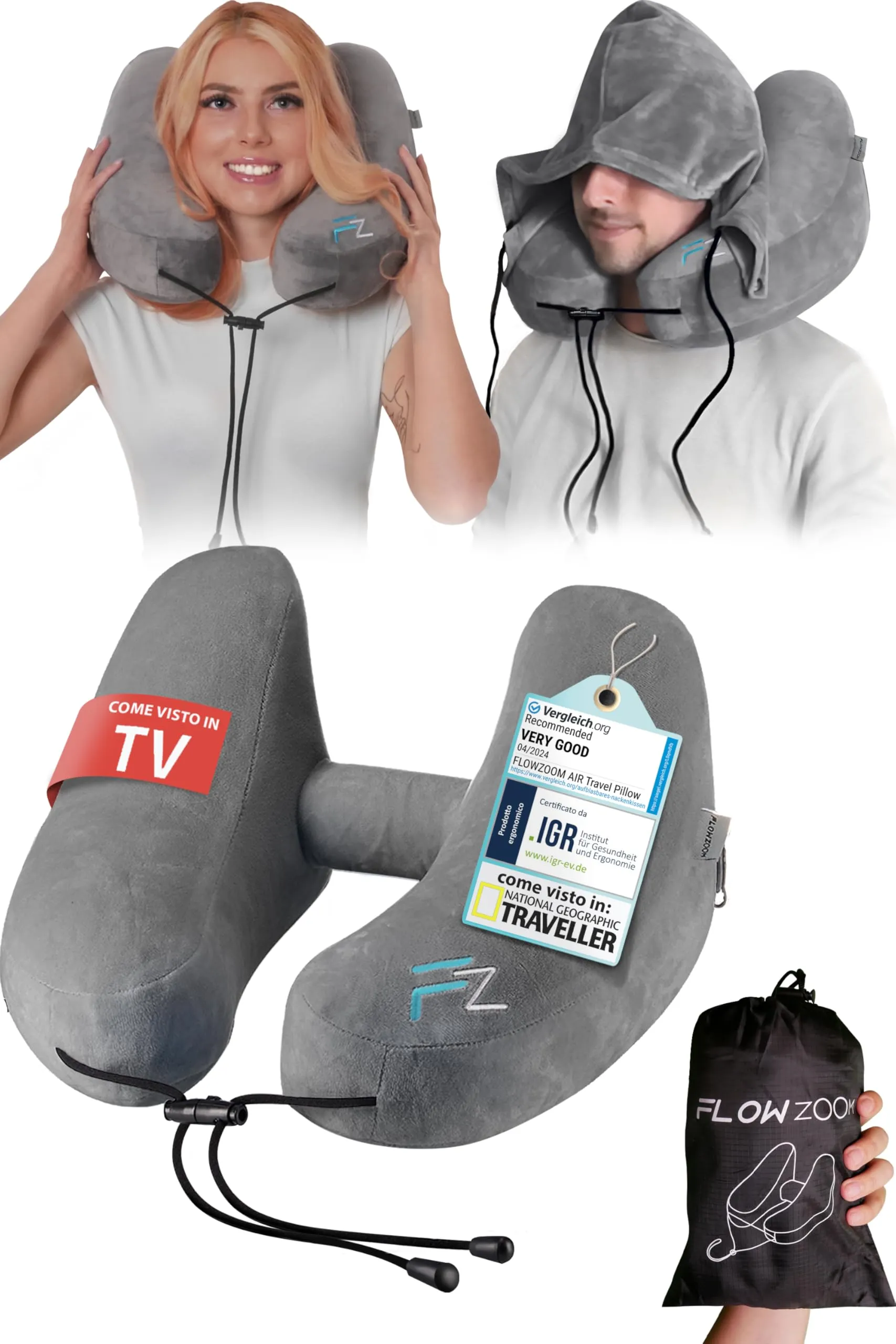 FLOWZOOM AIR Cuscino da Viaggio - Cuscino Gonfiabile - Cuscino Collo - Kit Viaggio - Cuscino Cervicale da Viaggio - Supporto per Collo per il Vostro Kit Viaggio