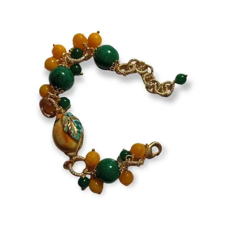 Bracciale a Catena con Pietre Gialle e Verdi e Limone in Ceramica di Caltagirone Dipinta a Mano
