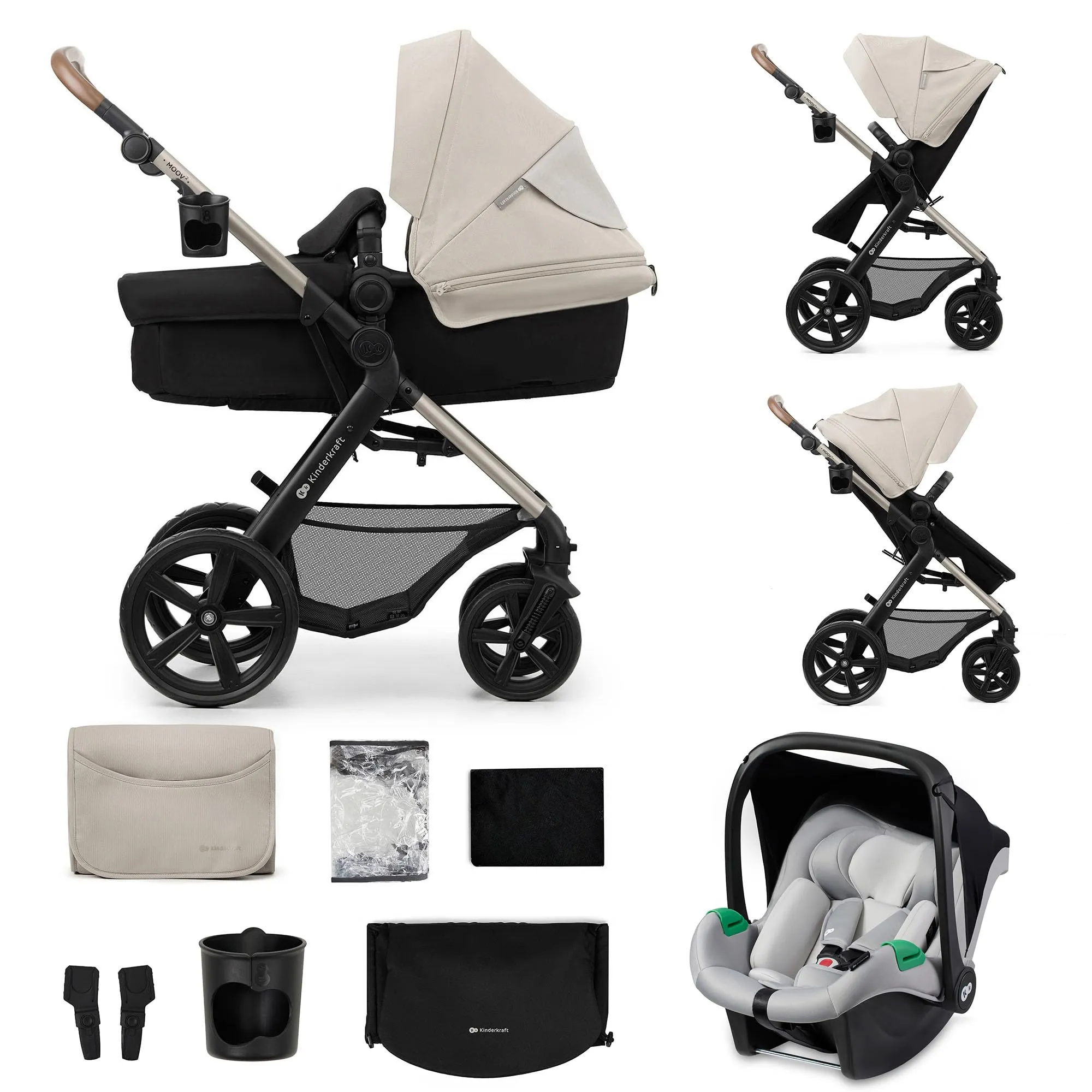 Kinderkraft MOOV 2 Sistema modulare 3 in 1 fino 26 kg, con Ovetto I-SIZE 40-75 cm, MINK FX, Carrozzina reversibile fronte mamma e strada, Schienale regolabile, Ruote EVA, Grigio