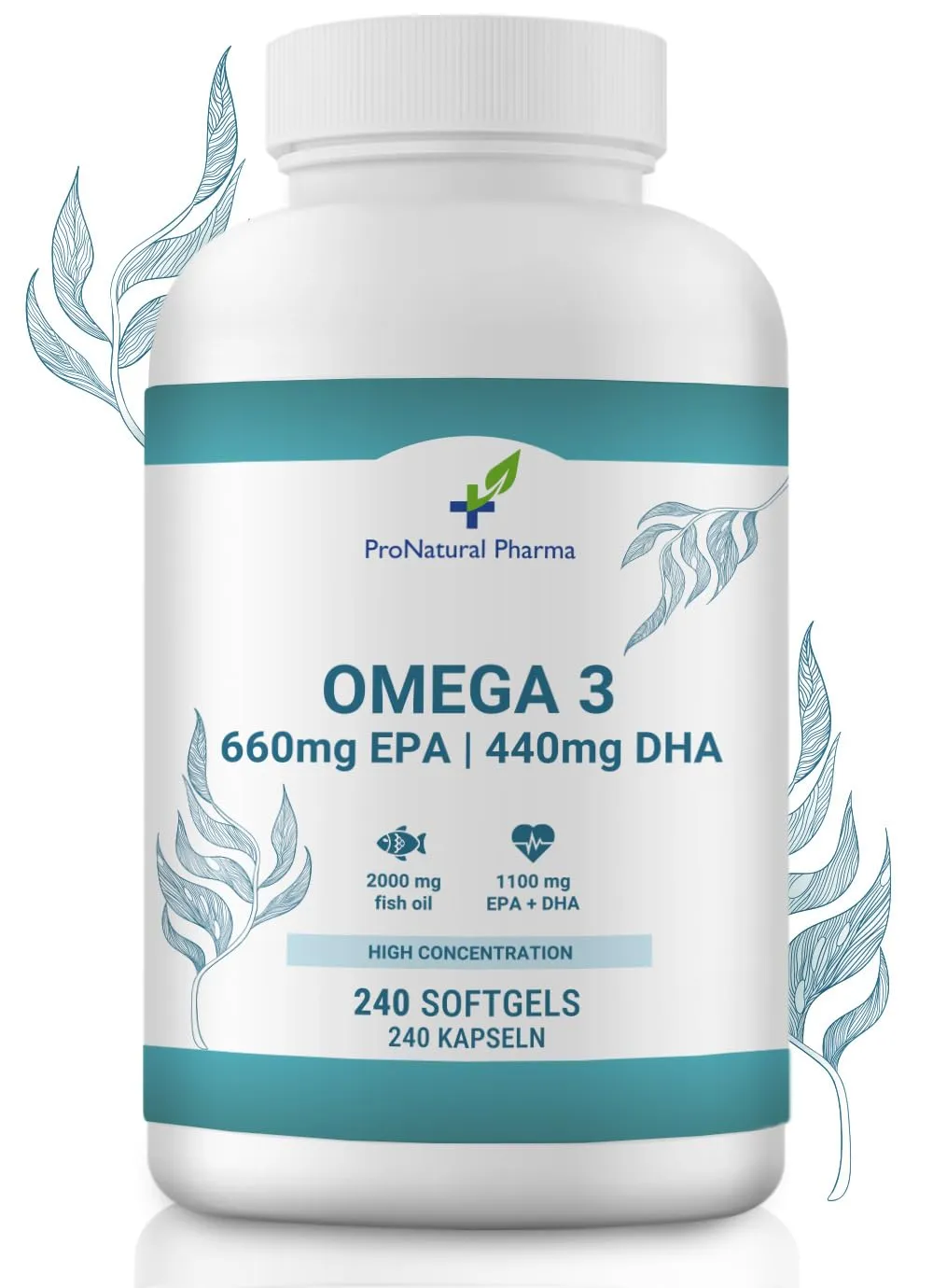 Omega 3 2000 mg | 240 capsule | Alta concentrazione di 660 mg di EPA e 440 mg di DHA. Olio di pesce per il colesterolo, il cuore, la salute del cervello e la pressione sanguigna | 4 mesi | ProNatural