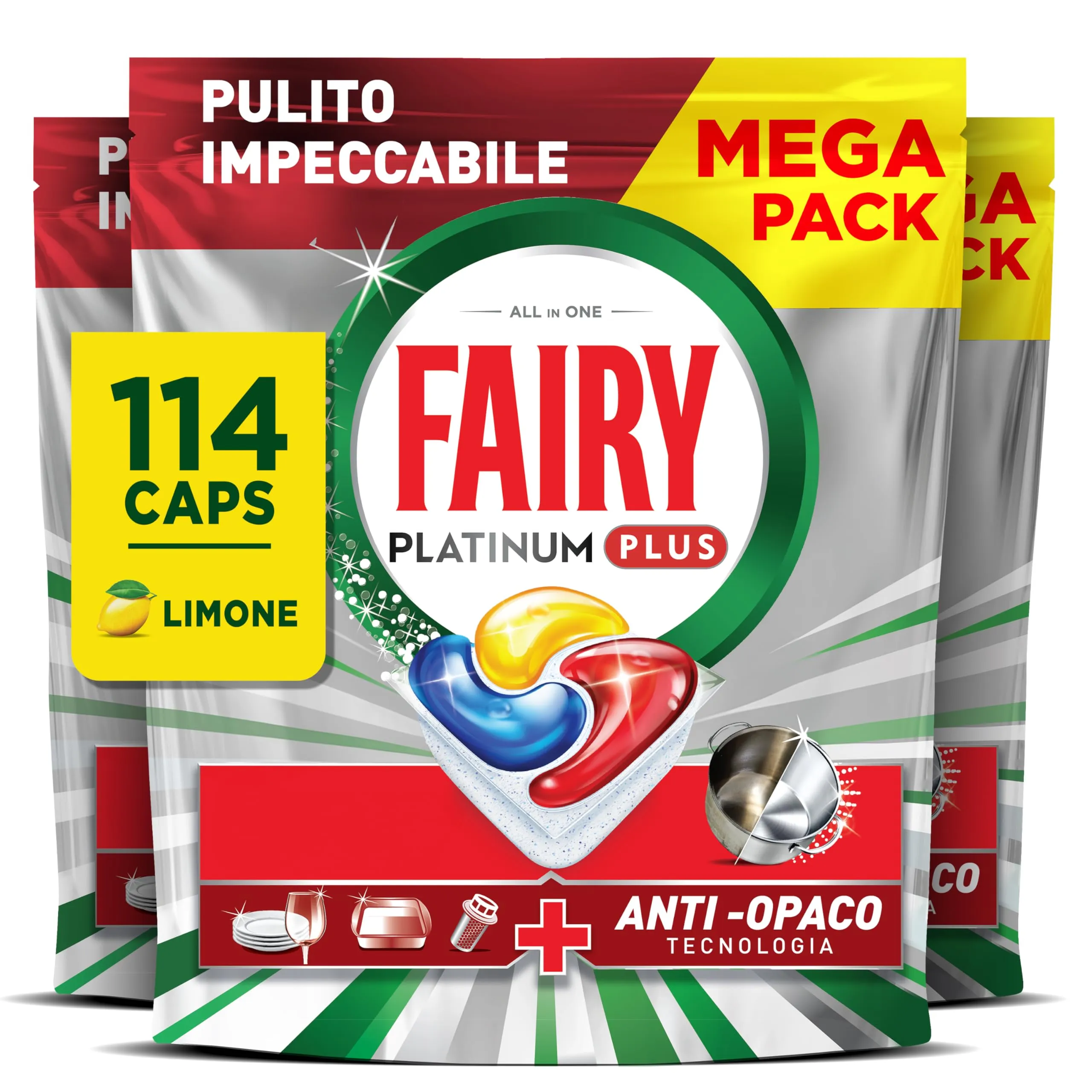 Fairy Platinum Detersivo Pastiglie Lavastoviglie Plus, Brillantante, 114 Capsule Lavastoviglie, Limone, Tecnologia Anti-Opaco, Contro Il Grasso e le Incrostazioni Ostinate Anche Nei Cicli Brevi