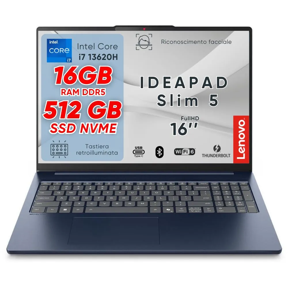 Lenovo Ideapad Slim5 Pc Portatile, Notebook i7 13620H, 16GB RAM DDR5, SSD 512GB, Display 16" WUXGA IPS FHD+, Computer Portatile, Laptop, Wi-Fi 6, Thunderbolt, Tastiera Retroilluminata, Cosmic Blue