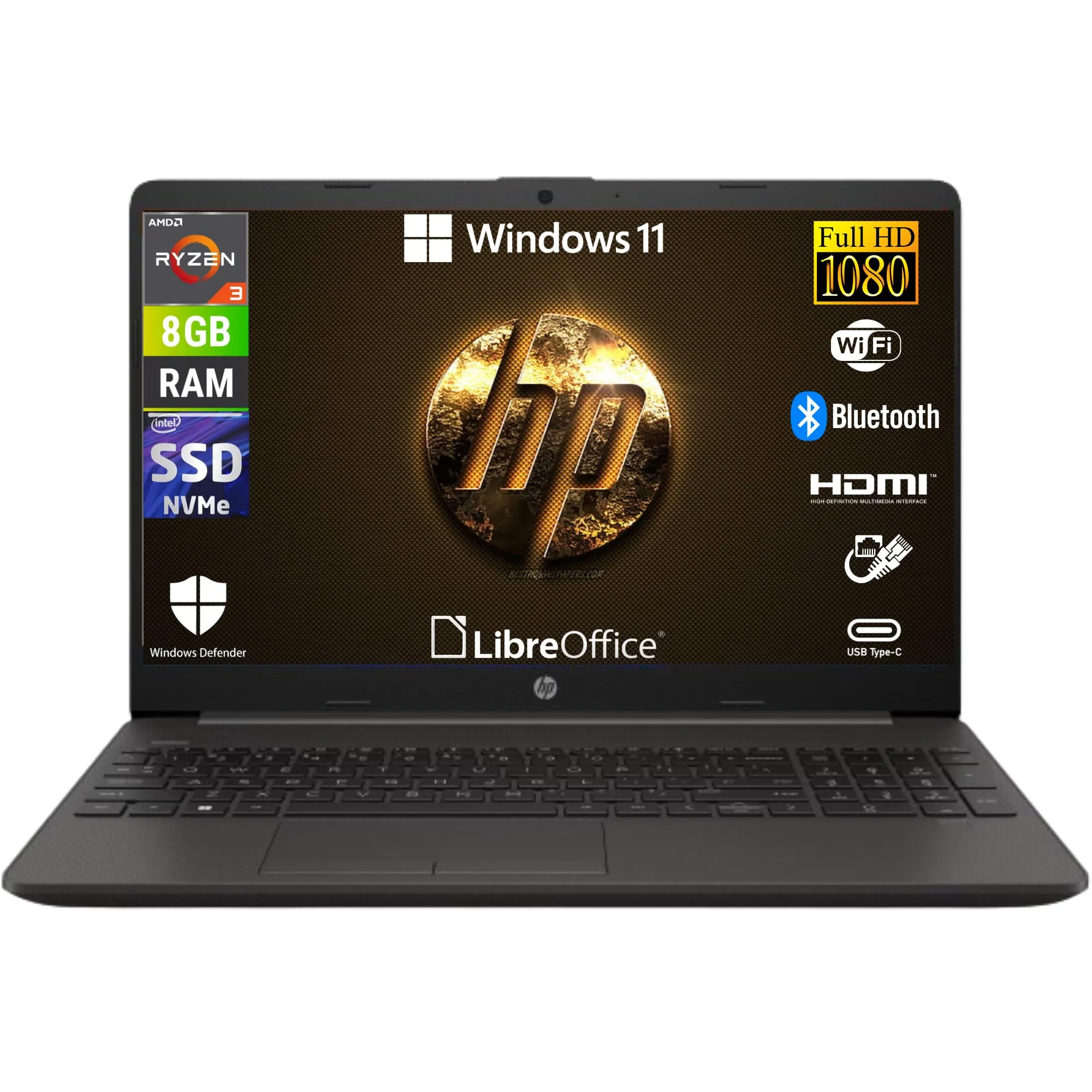 HP 255 G10, AMD Ryzen 3-7320u 4 Core 2.4 Ghz, Computer portatile Notebook Display 15.6" Full HD, Ram 8GB DDR4 256GB SSD, Windows 11 Pro, Pronto all'uso con Libre Office
